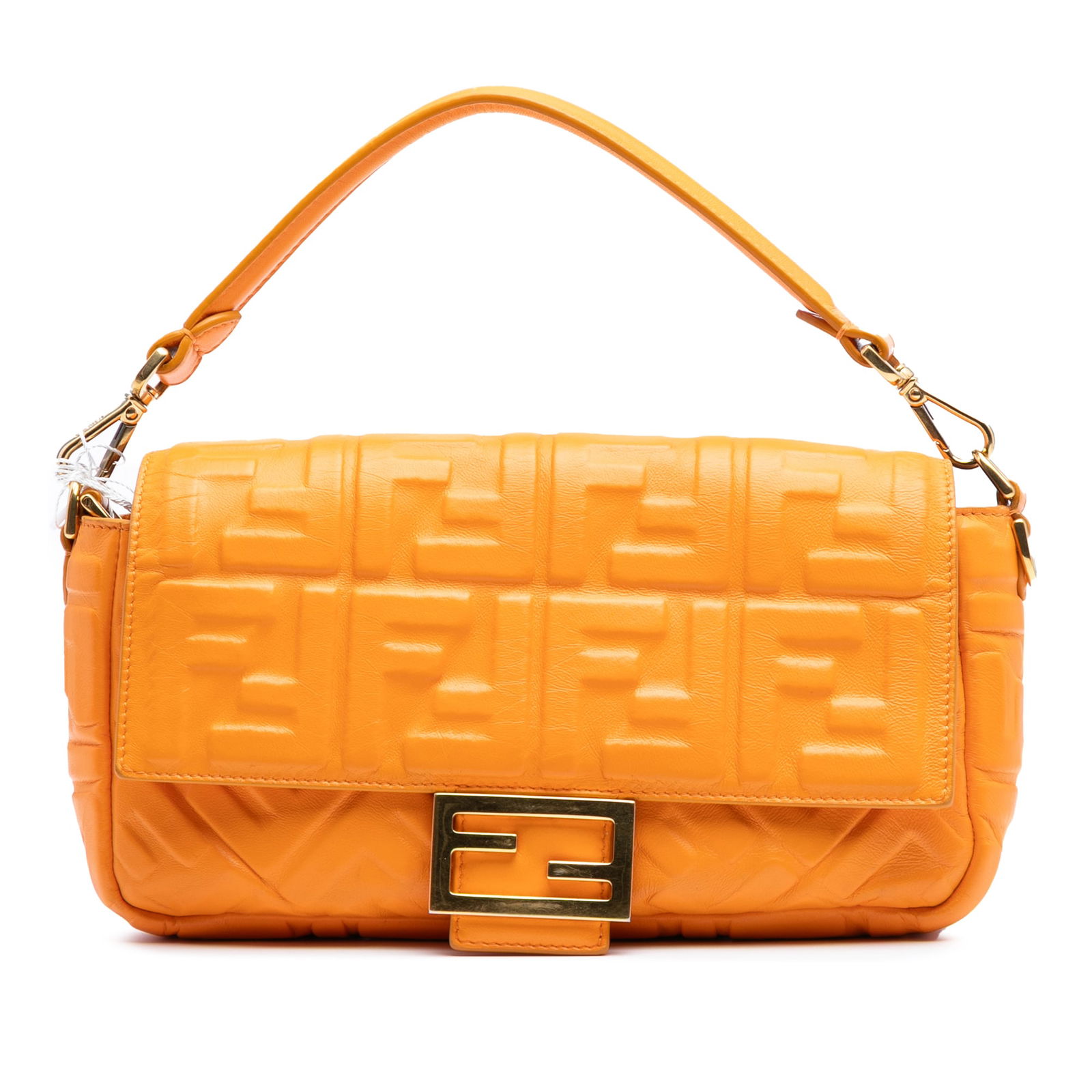 Fendi Zucca Embossed Leather Baguette Satchel Orange Italy: Fendi Zucca Embossed Leather Baguette Satchel Orange Italy This Fendi Zucca Embossed Leather Baguette Satchel is a stylish accessory featuring a vibrant orange embossed leather body. It includes a fla