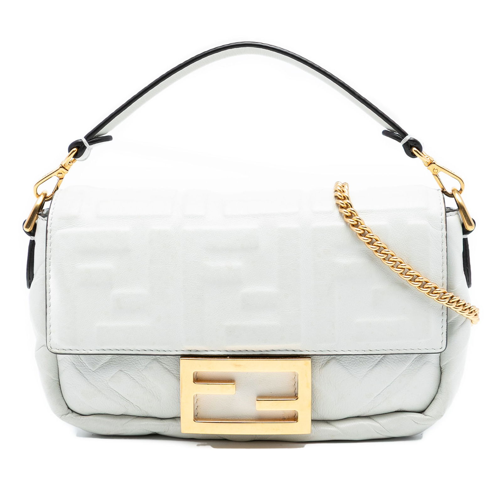 Fendi Mini Zucca White Embossed Leather Baguette Bag with Chain Strap: Fendi Mini Zucca White Embossed Leather Baguette Bag with Chain Strap This Fendi Mini Zucca Baguette Satchel showcases an embossed leather exterior in white and features a detachable flat leather hand