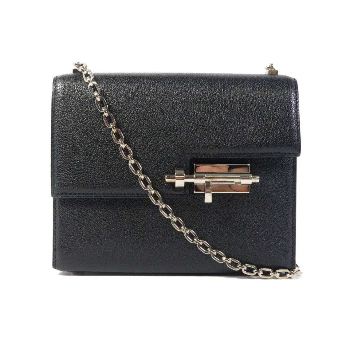 HERMES Mini Verrou Chain Shoulder Bag Black Chevre Leather: HERMES Mini Verrou Chain Shoulder Bag Black Chevre Leather Introducing the HERMES Mini Verrou Chain Shoulder Bag, a sophisticated accessory crafted from high-quality goatskin leather in a timeless bla