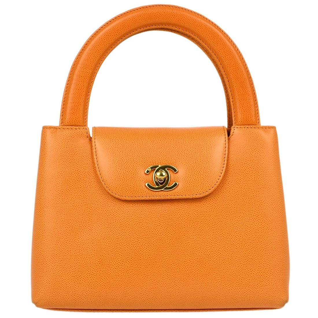 Chanel Orange Caviar Skin Handbag with Double Handles: Chanel Orange Caviar Skin Handbag with Double Handles This stylish Chanel handbag features a vibrant orange caviar skin exterior, exuding luxury and sophistication. The compact design includes double