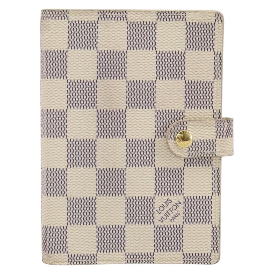 Damier Azur Beige Agenda PM Day Planner Cover by Louis Vuitton: Damier Azur Beige Agenda PM Day Planner Cover by Louis Vuitton This pre-owned Louis Vuitton Damier Azur Agenda PM Day Planner Cover in beige shows visible signs of use, including surface stains, sligh