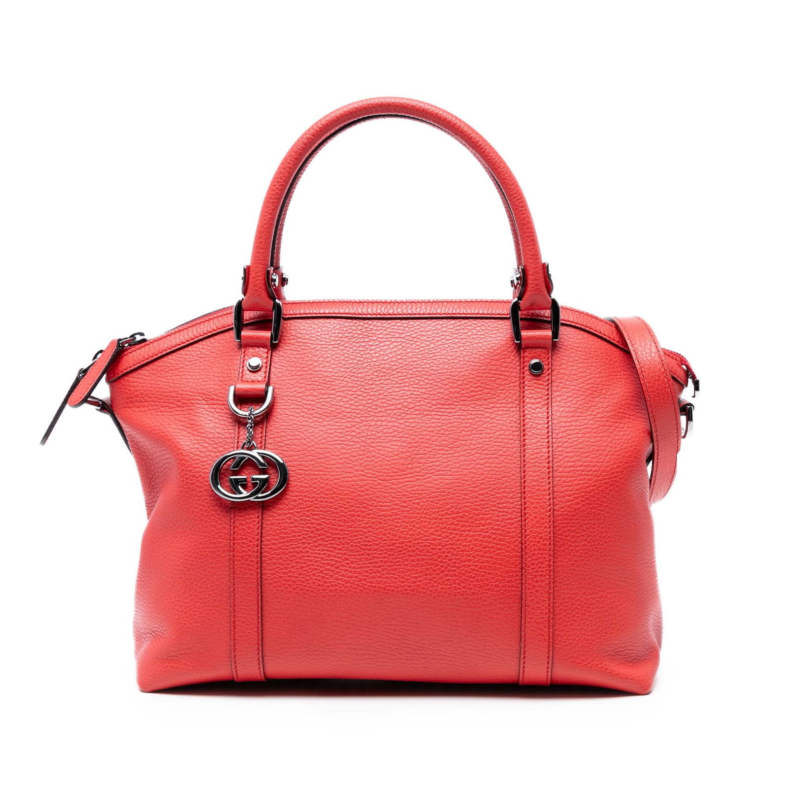 Gucci Red Leather GG Charm Dome Satchel Italy: Gucci Red Leather GG Charm Dome Satchel Italy This Gucci Leather GG Charm Dome Satchel is a stylish and functional accessory crafted from high-quality leather. It features a rounded dome shape with ro