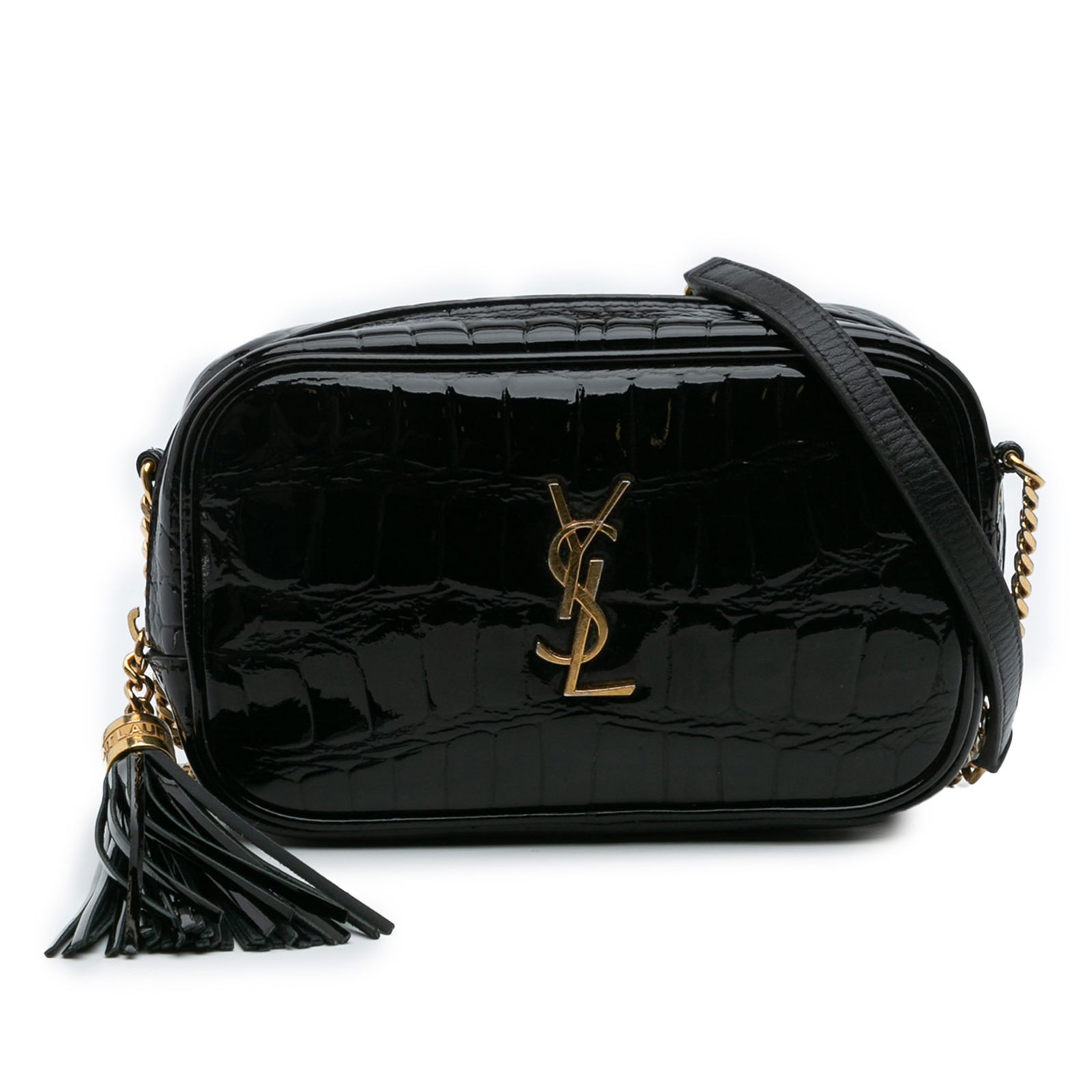 Saint Laurent Mini Croc Embossed Patent Lou Camera Bag Black: Saint Laurent Mini Croc Embossed Patent Lou Camera Bag Black This stylish Saint Laurent Mini Croc Embossed Patent Monogram Lou Camera Bag is crafted from embossed patent leather, offering a chic and m