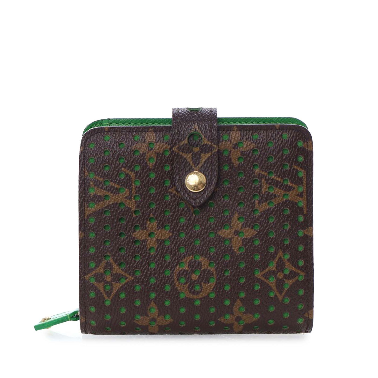 Louis Vuitton Brown Monogram Perforated Compact Wallet with Zip: Louis Vuitton Brown Monogram Perforated Compact Wallet with Zip This Louis Vuitton Monogram Perforated Compact Zipped Wallet features a perforated monogram canvas body, a tab with snap closure, an ext