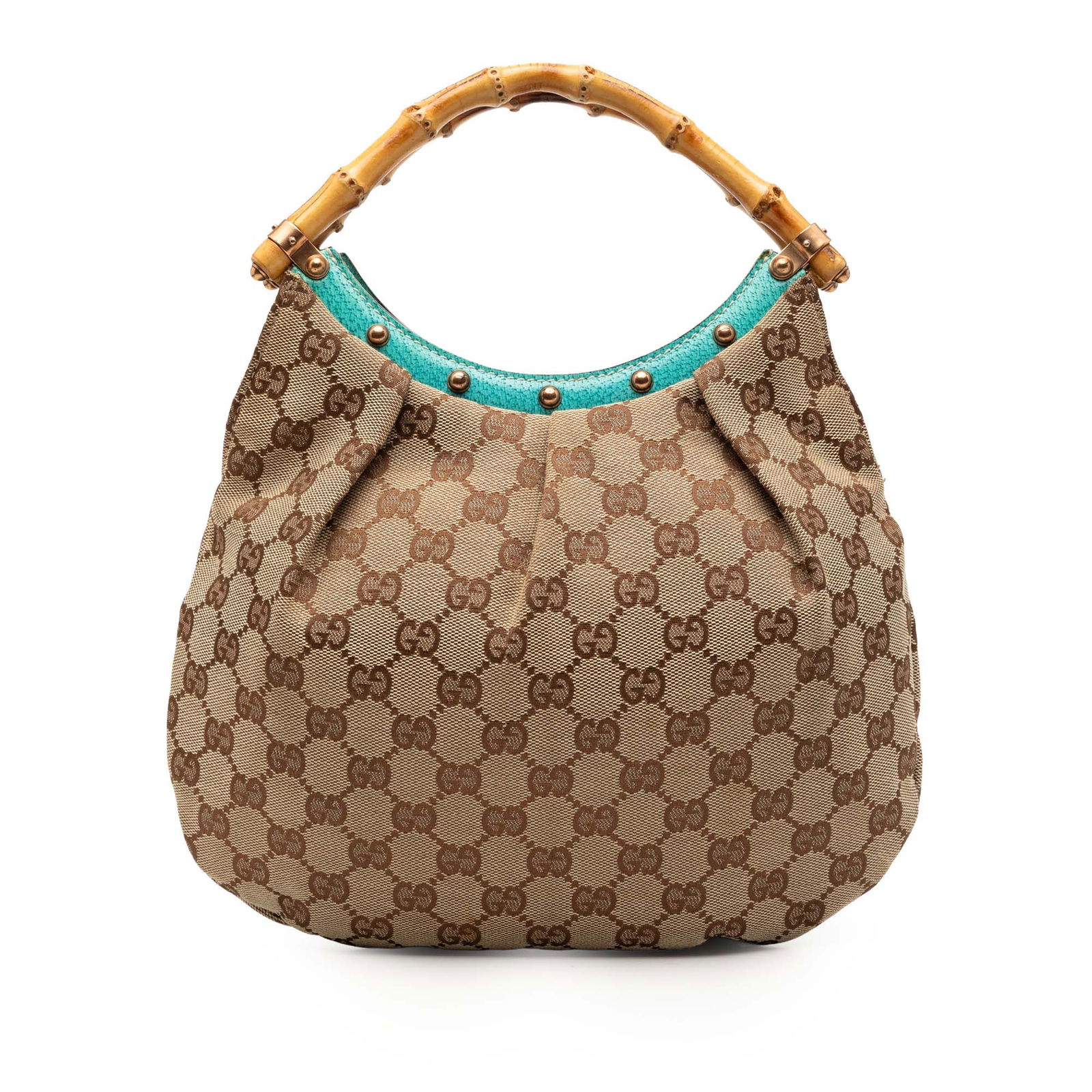 Gucci Bamboo Handle Hobo Bag with Studded GG Canvas and Leather Trim: Gucci Bamboo Handle Hobo Bag with Studded GG Canvas and Leather Trim This Gucci Studded GG Canvas Bamboo Hobo features a canvas body with studded leather trim, bamboo top handles, an open top, and an