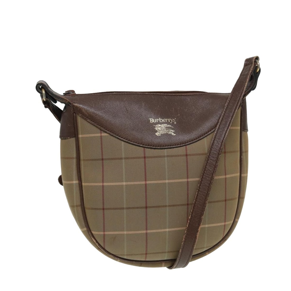 Shoulder bag in beige Nova check pattern by Burberry: Shoulder bag in beige Nova check pattern by Burberry This Burberry Nova check shoulder bag features the classic beige check pattern and is designed for female use. The bag shows signs of use, includin