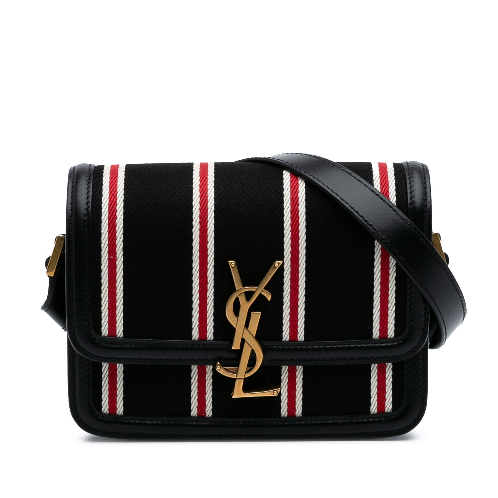 Saint Laurent Small Canvas Striped Solferino Satchel Black Leather Trim Italy: Saint Laurent Small Canvas Striped Solferino Satchel Black Leather Trim Italy The Saint Laurent Small Canvas Striped Solferino Satchel combines practicality with a chic aesthetic. This stylish bag fea