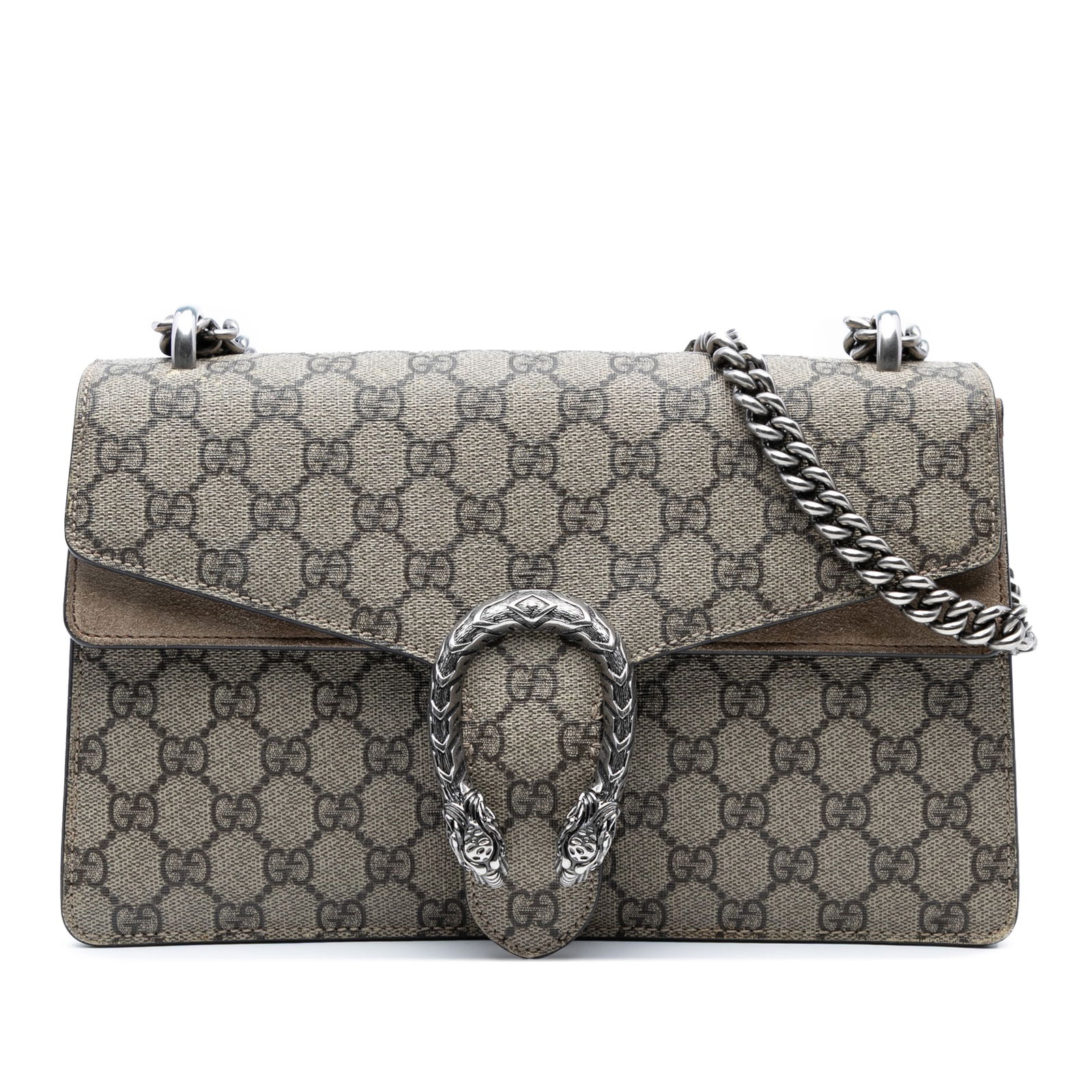 Gucci Medium GG Supreme Dionysus Brown Shoulder Bag: Gucci Medium GG Supreme Dionysus Brown Shoulder Bag The Gucci Medium GG Supreme Dionysus Shoulder Bag is a stylish accessory made from coated canvas with suede leather trim. It features a silver-tone