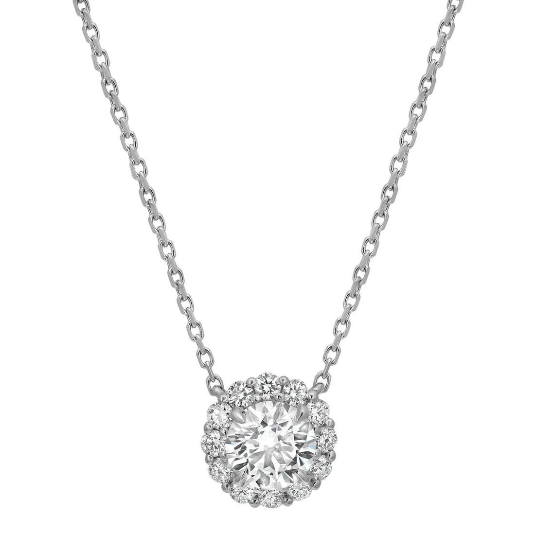 Rachel Koen 18K White Gold Lab Grown Diamond Halo Pendant Necklace 1.40Ctw: Rachel Koen 18K White Gold Lab Grown Diamond Halo Pendant Necklace 1.40Ctw Elevate your jewelry collection with this exquisite Round Cut Lab Grown Diamond Halo Pendant Necklace. Crafted in luxurious 1