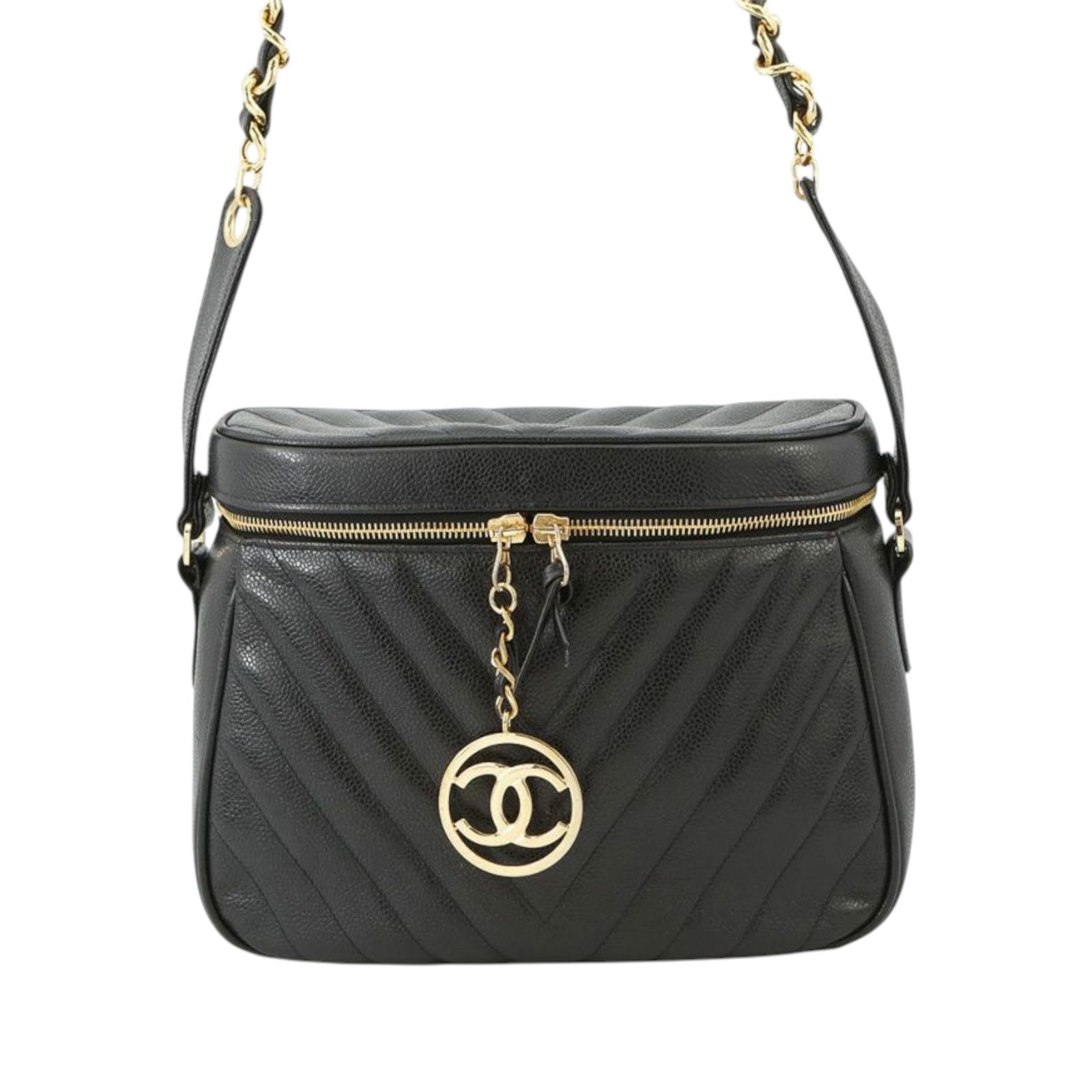 Chanel CC Chevron Black Caviar Leather Vanity Case with Chain: Chanel CC Chevron Black Caviar Leather Vanity Case with Chain This stylish Chanel CC Chevron Caviar Vanity Case is crafted from luxurious quilted caviar leather in classic black. It features a sophist