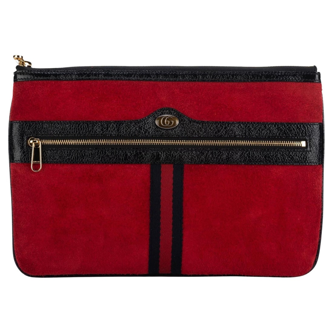 Gucci Red Suede Black Patent Clutch with Gold Hardware: Gucci Red Suede Black Patent Clutch with Gold Hardware Elevate your accessory collection with this exquisite Gucci clutch, crafted from luxurious red suede and sleek black patent leather. This stylish