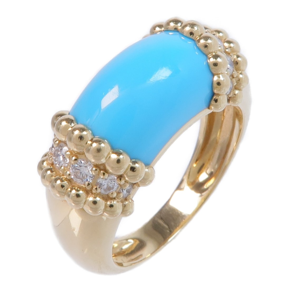 Perlee Couleurs Turquoise Diamond 18K Yellow Gold Ring by Van Cleef & Arpels Size 7.5: Perlee Couleurs Turquoise Diamond 18K Yellow Gold Ring by Van Cleef & Arpels Size 7.5 This Van Cleef & Arpels Perlee Couleurs ring features a vibrant turquoise stone set in 18K yellow gold. The ring i