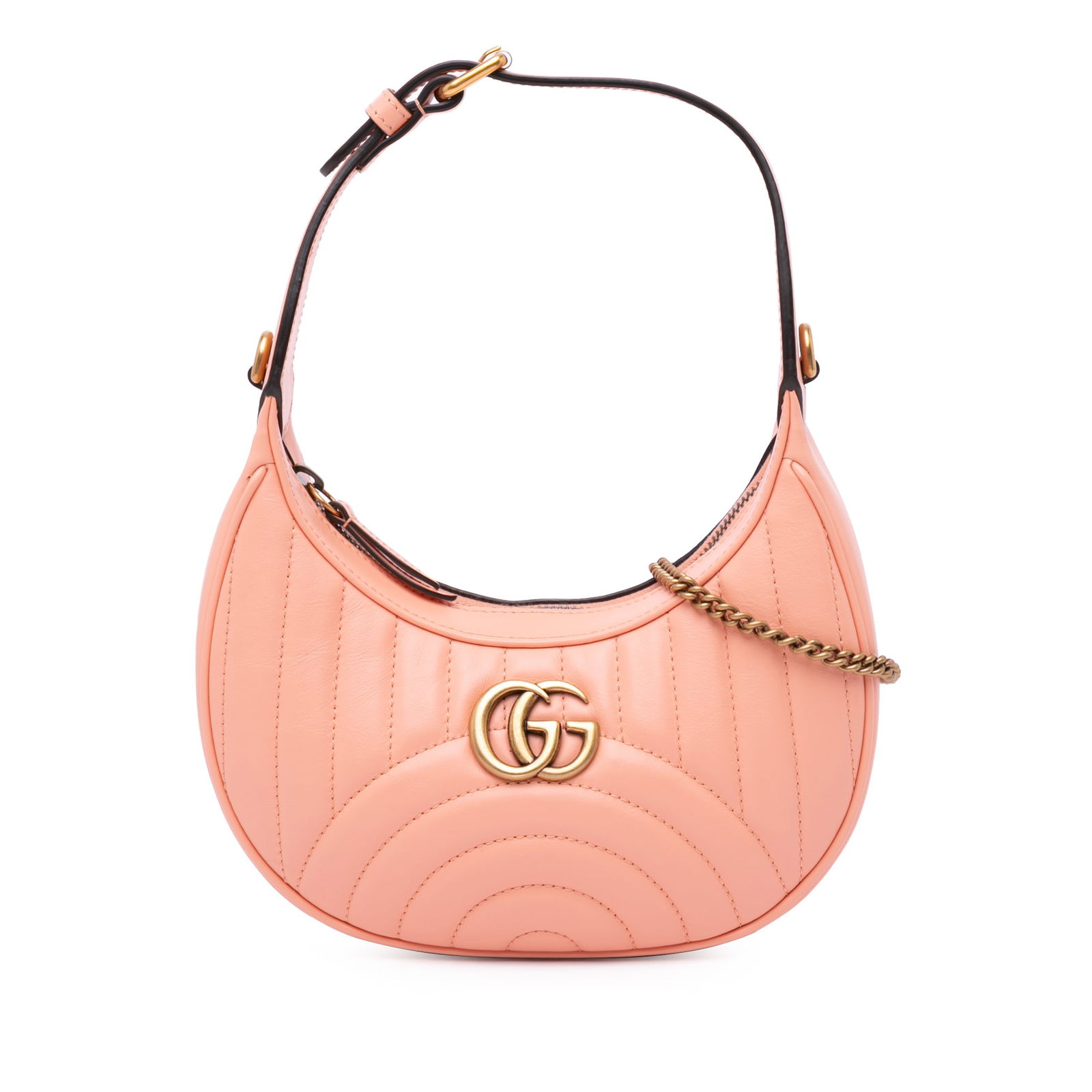 Gucci Pink Mini Matelasse GG Marmont Half Moon Hobo Bag: Gucci Pink Mini Matelasse GG Marmont Half Moon Hobo Bag The Gucci Mini Matelasse Leather GG Marmont Half Moon Hobo is a stylish and functional satchel crafted from luxurious quilted leather. This eleg