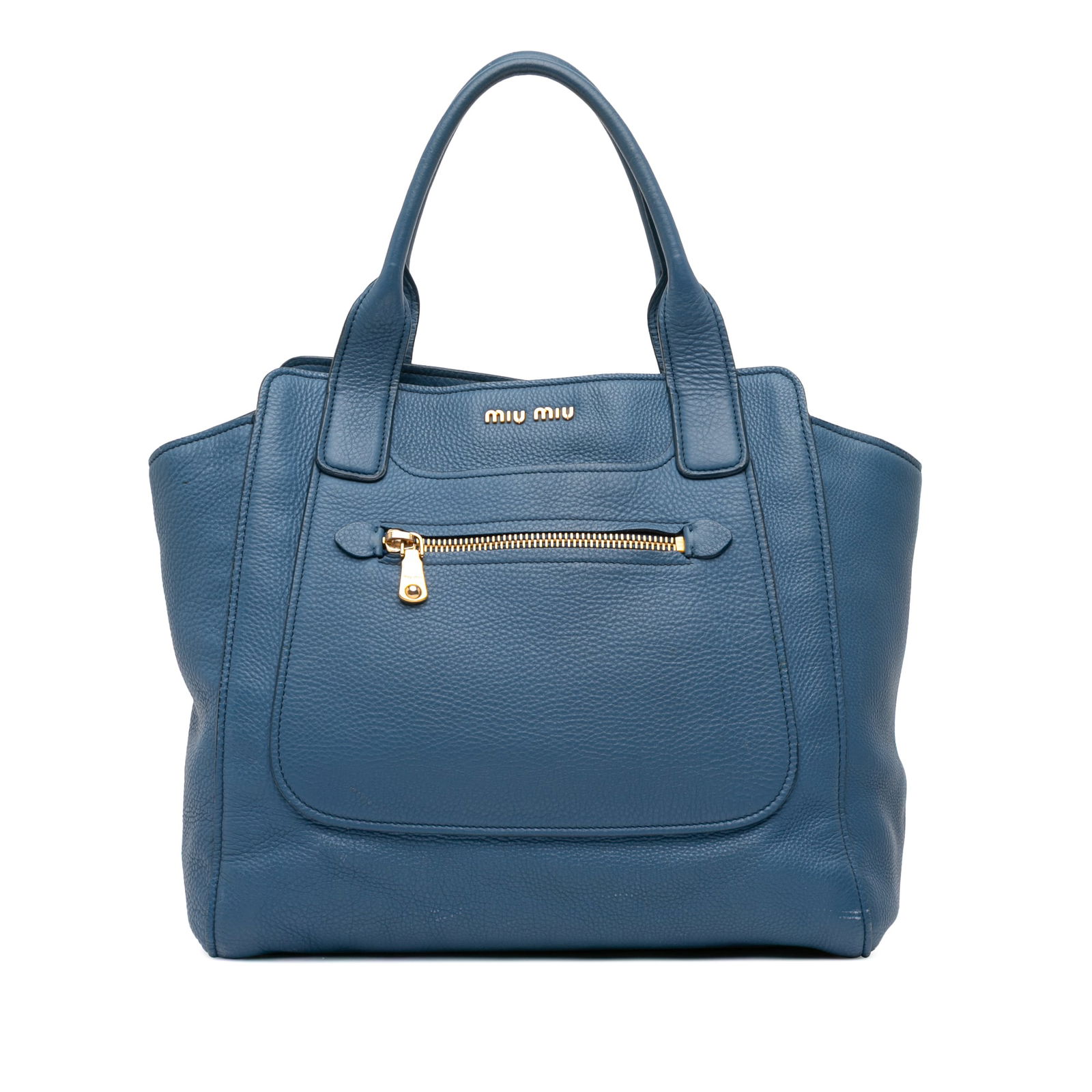 Miu Miu Vitello Daino Blue Leather Tote Bag Italy: Miu Miu Vitello Daino Blue Leather Tote Bag Italy The Miu Miu Vitello Daino Tote is a stylish and functional accessory crafted from high-quality leather. This tote features rolled leather handles and