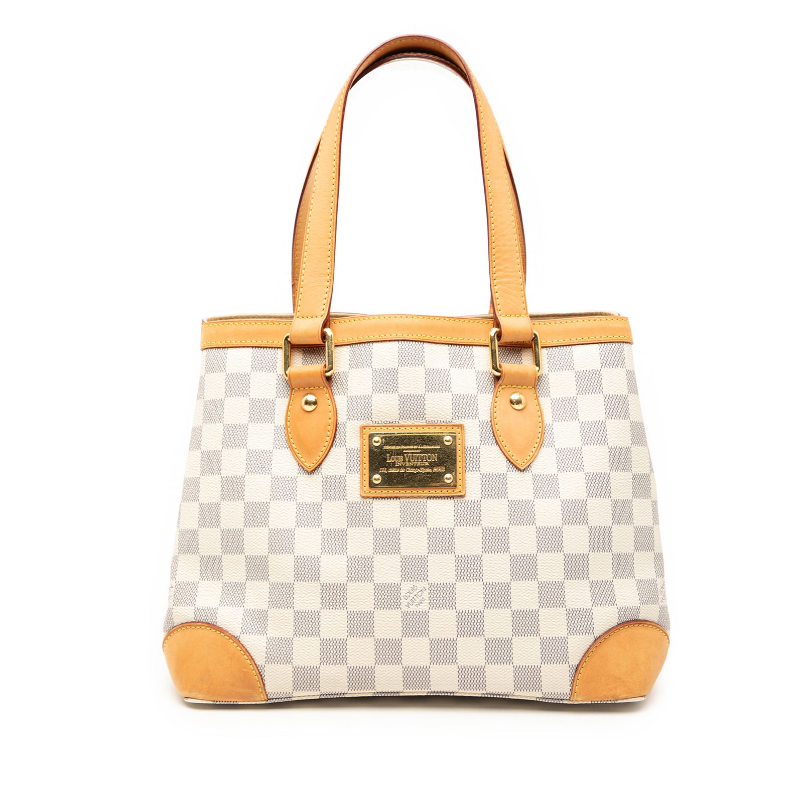 Louis Vuitton Hampstead PM Tote in Damier Azur Canvas with Vachetta Trim: Louis Vuitton Hampstead PM Tote in Damier Azur Canvas with Vachetta Trim This Louis Vuitton Damier Azur Hampstead PM features a Damier Azur canvas exterior with vachetta leather trim and flat vachetta