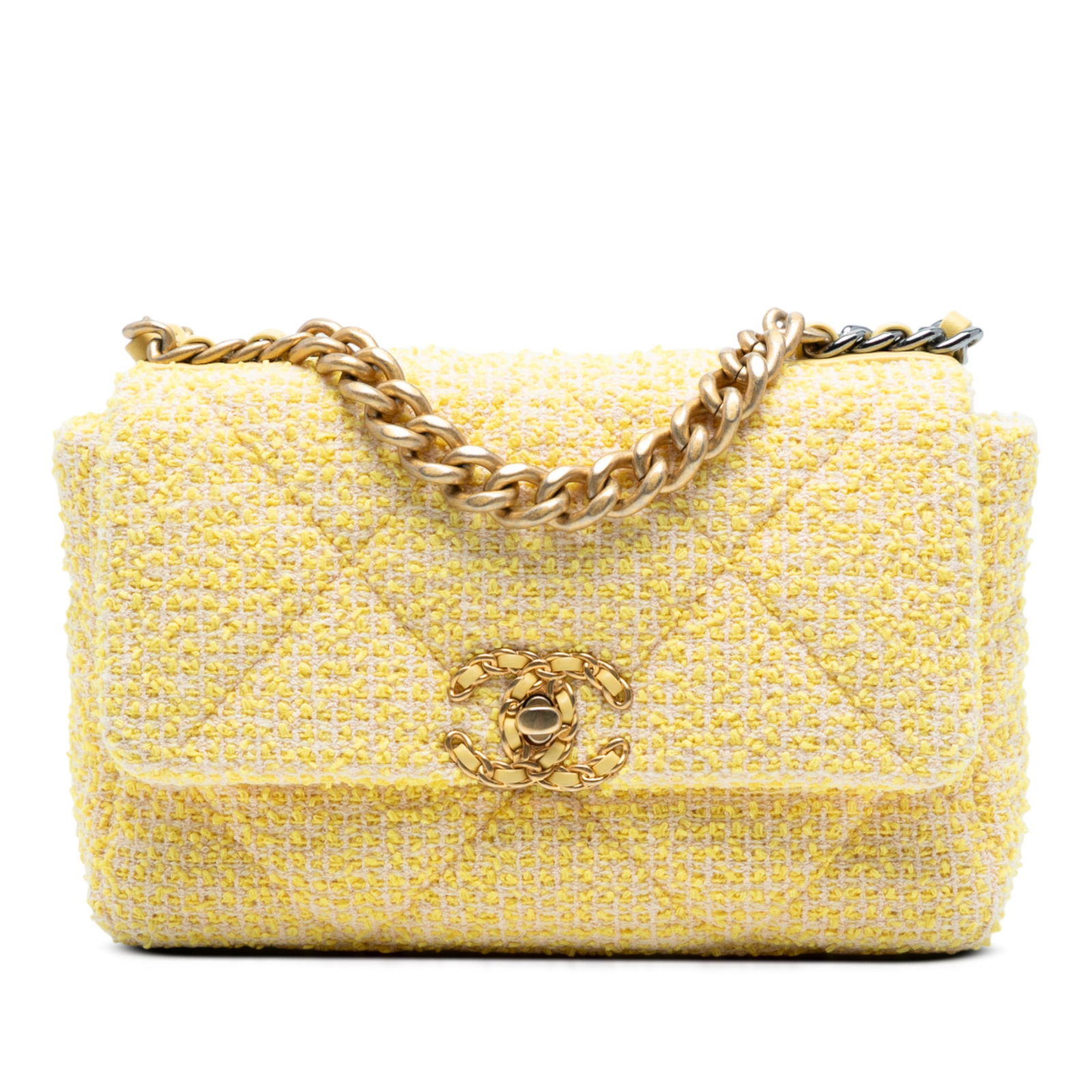 Chanel Medium 19 Flap Bag Yellow Tweed Gold Tone Chain (1 of 7)