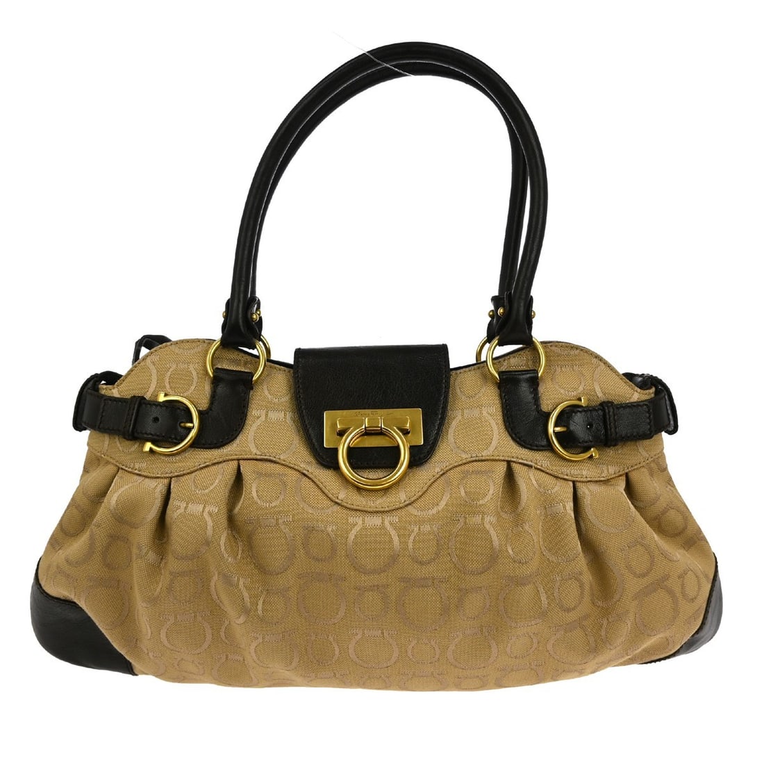 Salvatore Ferragamo Gancini Beige Canvas Leather Top Handle Bag: Salvatore Ferragamo Gancini Beige Canvas Leather Top Handle Bag Introducing the Salvatore Ferragamo Beige Gancini Handbag, an elegant accessory perfect for casual occasions. This medium-sized top hand