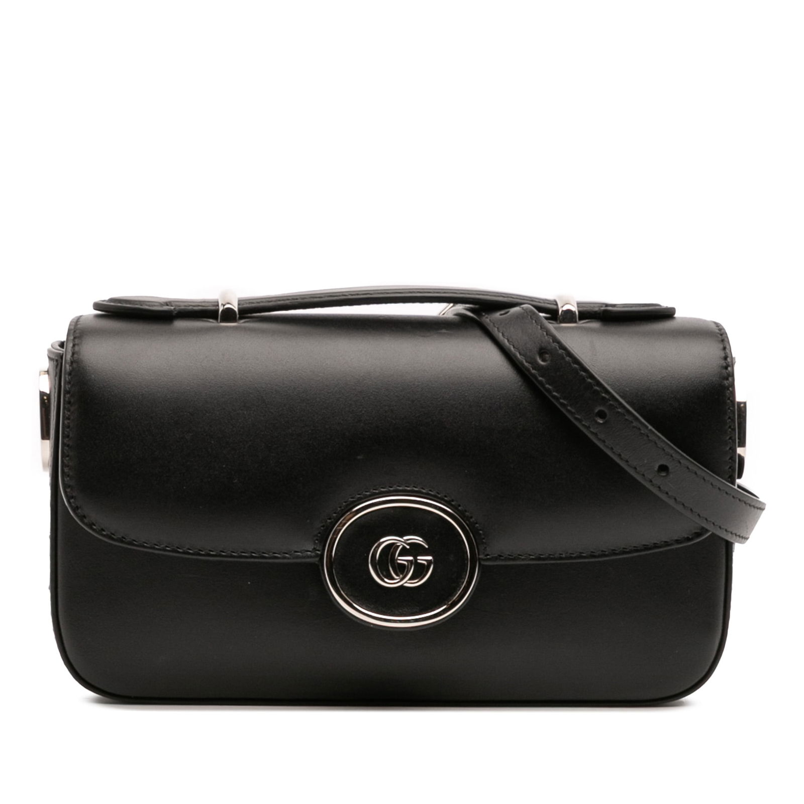 Gucci Mini Leather Petite GG Satchel Black with Adjustable Strap: Gucci Mini Leather Petite GG Satchel Black with Adjustable Strap The Gucci Mini Leather Petite GG Satchel showcases a sophisticated design crafted from premium leather. This versatile bag features a f