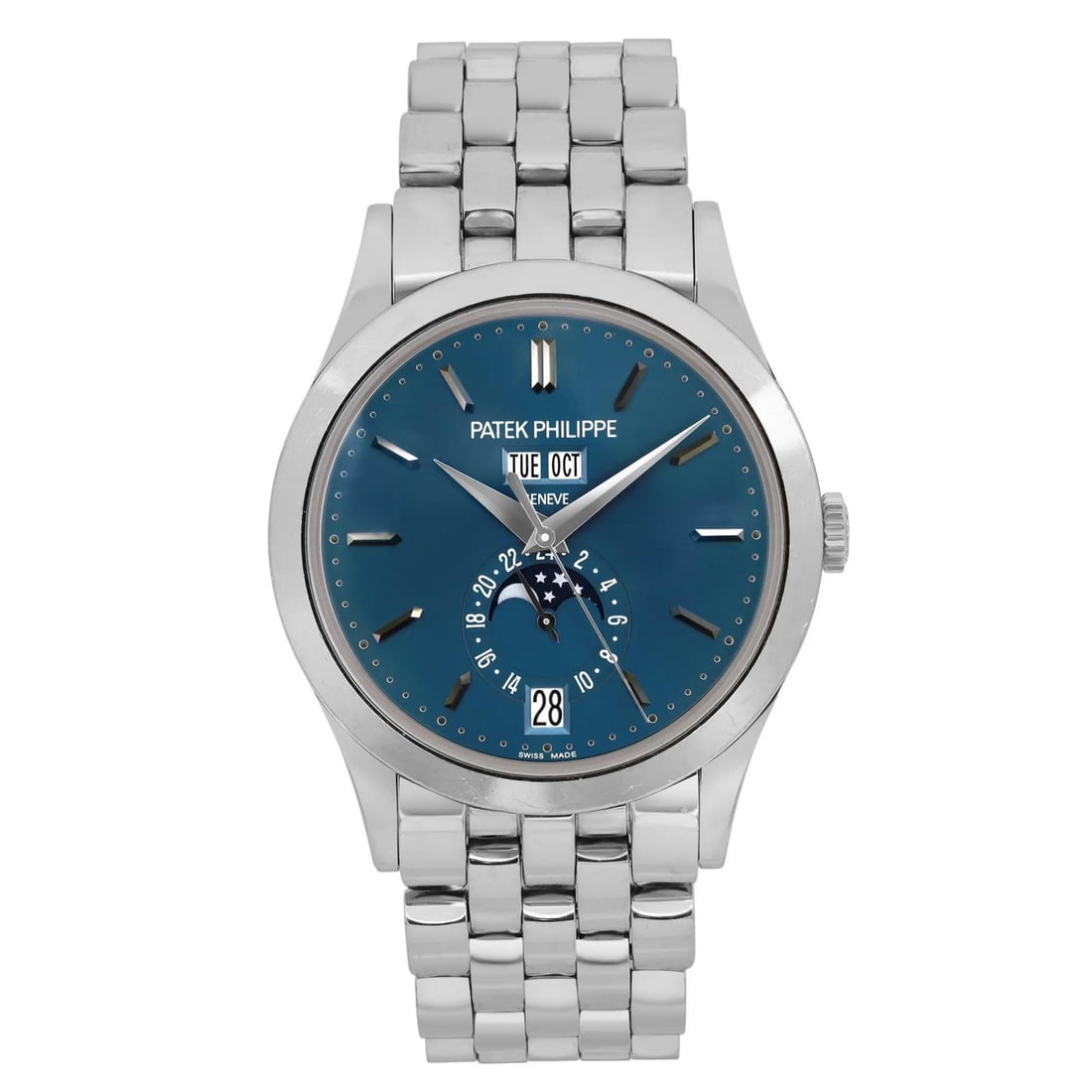 Patek Philippe 5396/1G-001 White Gold Annual Calendar Blue Dial Watch: Patek Philippe 5396/1G-001 White Gold Annual Calendar Blue Dial Watch Experience the elegance of the Patek Philippe Day-Date Annual Calendar watch, featuring a stunning blue dial and crafted from luxu