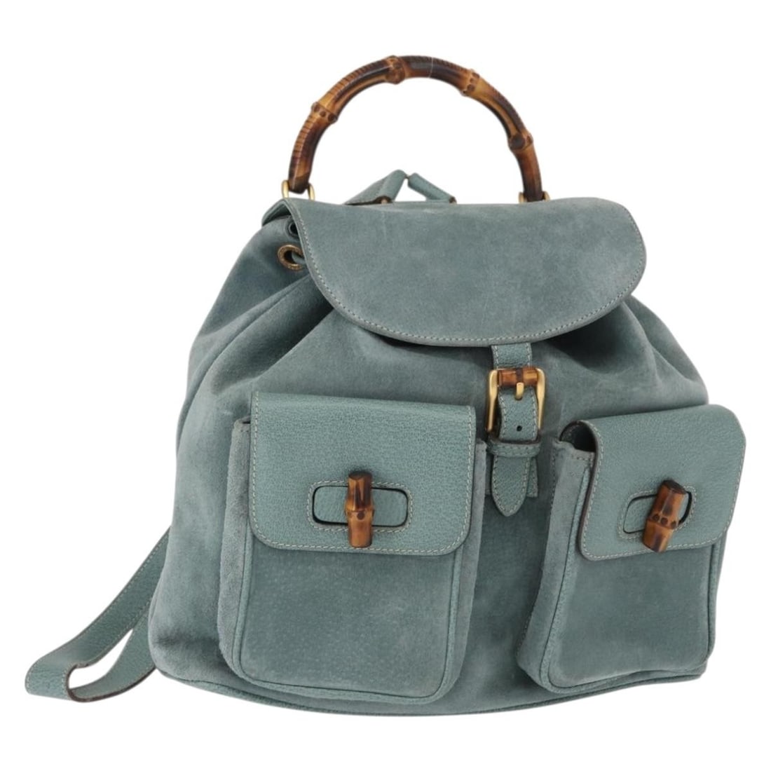 Turquoise Bamboo Backpack by Gucci Vintage Collection: Turquoise Bamboo Backpack by Gucci Vintage Collection This pre-owned Gucci vintage bamboo backpack features turquoise leather with signature bamboo accents. The bag shows signs of wear, including surf