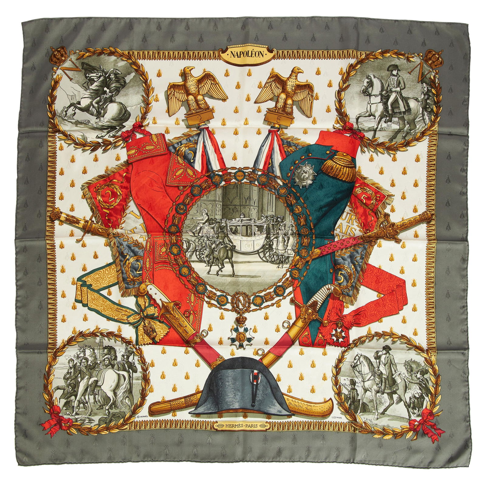 Hermes Silk Napoleon Scarf Gray White Hand-Rolled Edges 35 in (1 of 5)