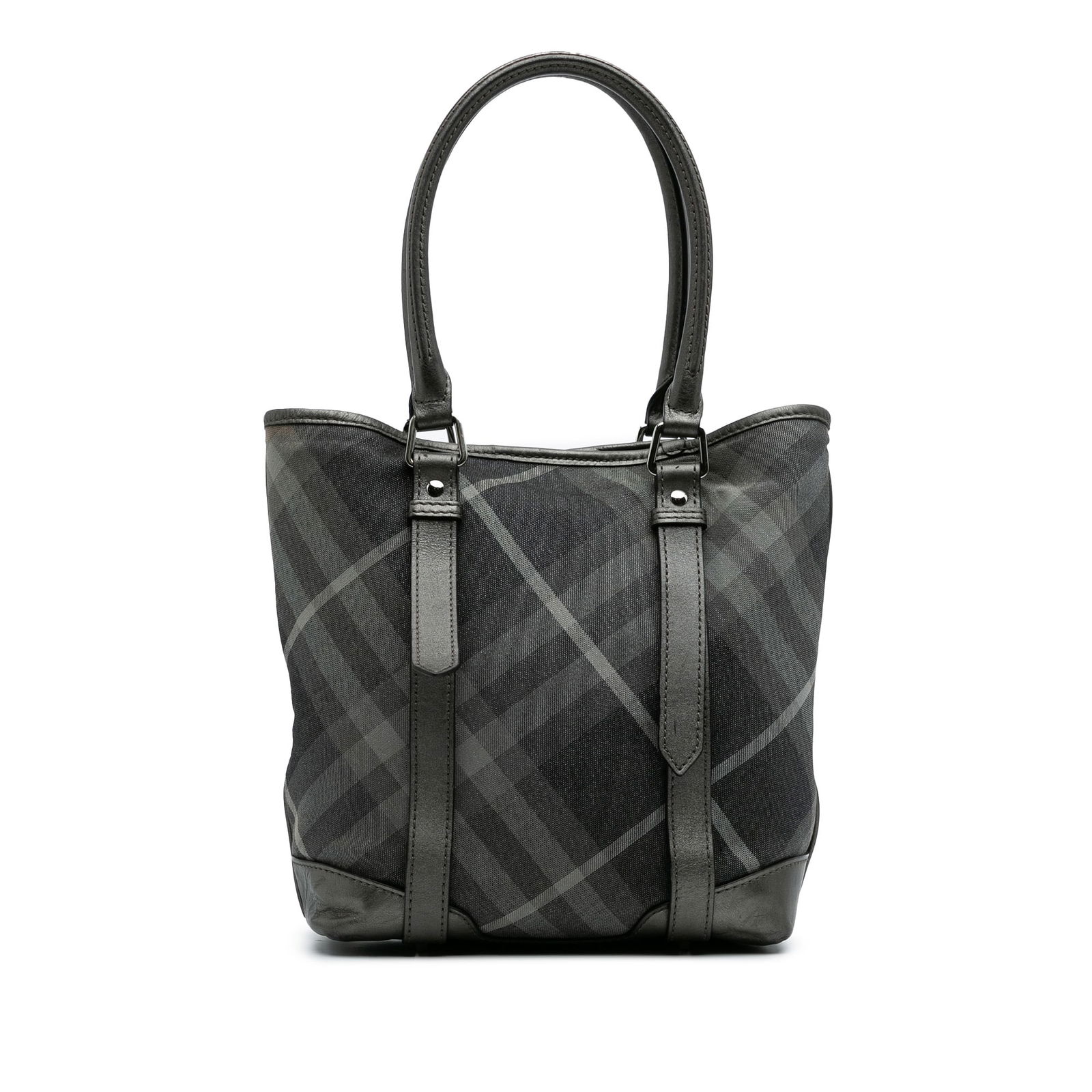 Burberry Shimmer Check Canvas Tote Gray Leather Trim (1 of 10)