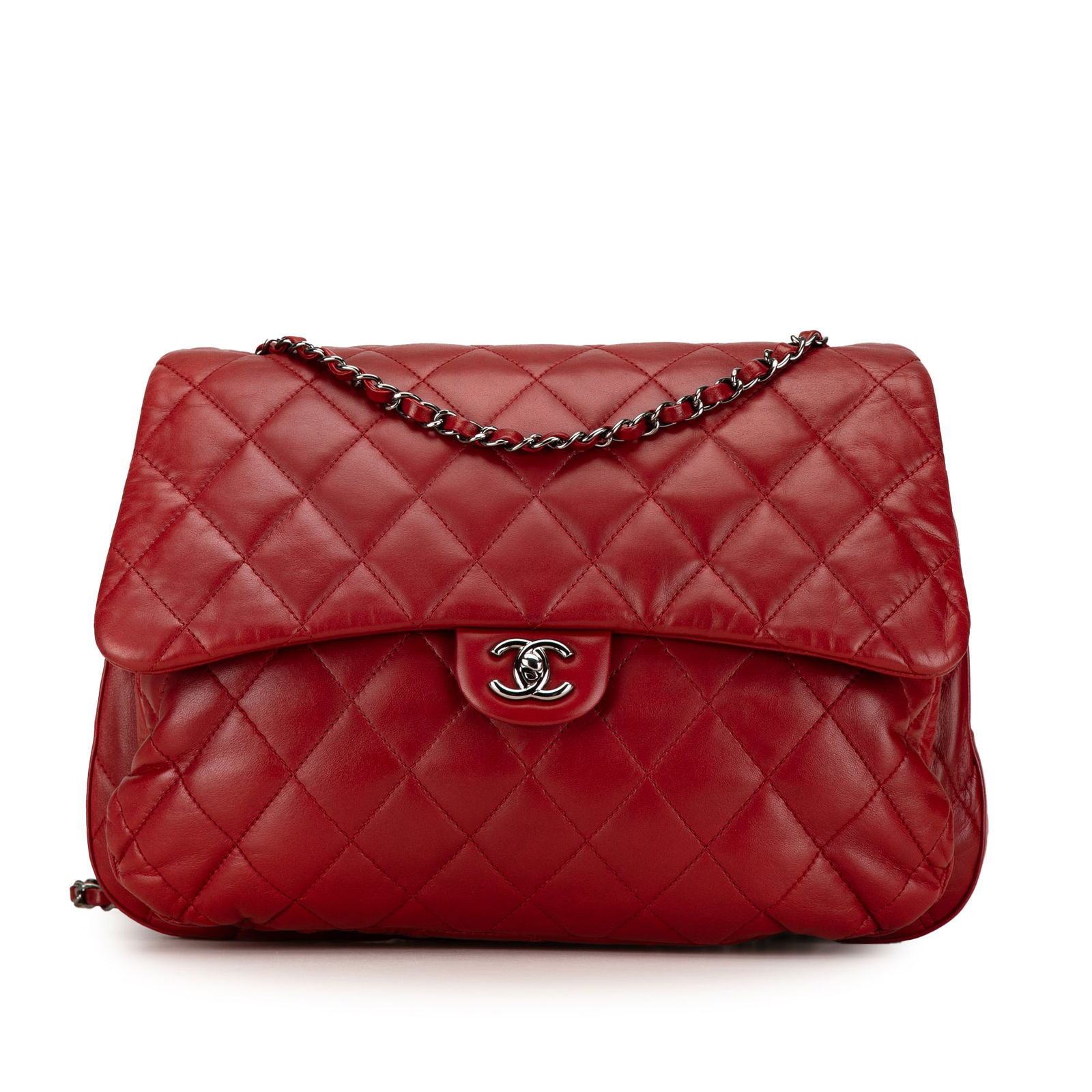 Chanel Maxi Lambskin 3 Accordion Flap Red Leather Shoulder Bag: Chanel Maxi Lambskin 3 Accordion Flap Red Leather Shoulder Bag The Chanel Maxi Lambskin 3 Accordion Flap shoulder bag is a stunning accessory crafted from quilted lambskin leather in a vibrant red hue