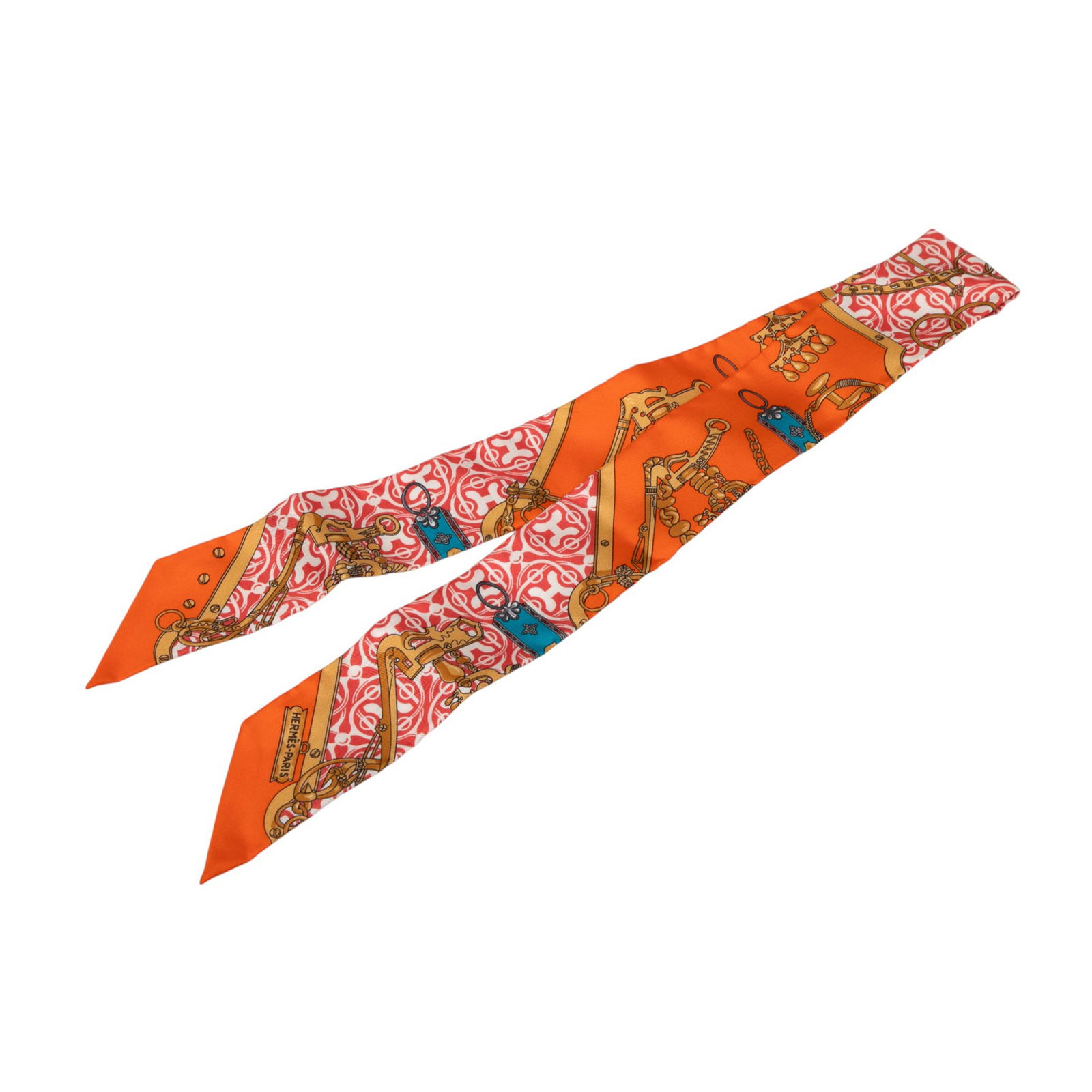 Hermes Mors Et Gourmettes Remix 100% Silk Twilly Scarf Orange (1 of 4)