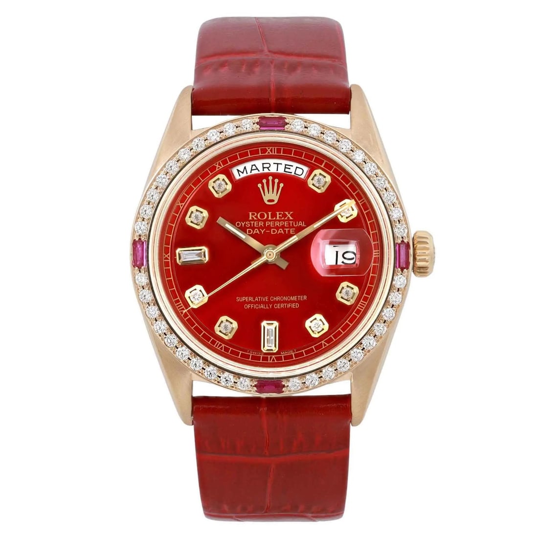 Rolex Day-Date 18K Yellow Gold Custom Red Diamond Watch 1803: Rolex Day-Date 18K Yellow Gold Custom Red Diamond Watch 1803 This stunning Rolex Day-Date wristwatch is crafted from 18K yellow gold and features a striking custom red dial adorned with diamond marker