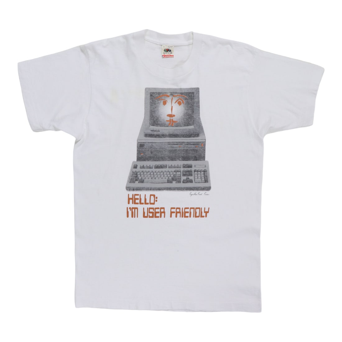Vintage 1980s I'm User Friendly Computer T-Shirt White Cotton: Vintage 1980s I'm User Friendly Computer T-Shirt White Cotton Step back into the 1980s with this original vintage 'I'm User Friendly' computer shirt. This authentic piece is a true vintage find, not a