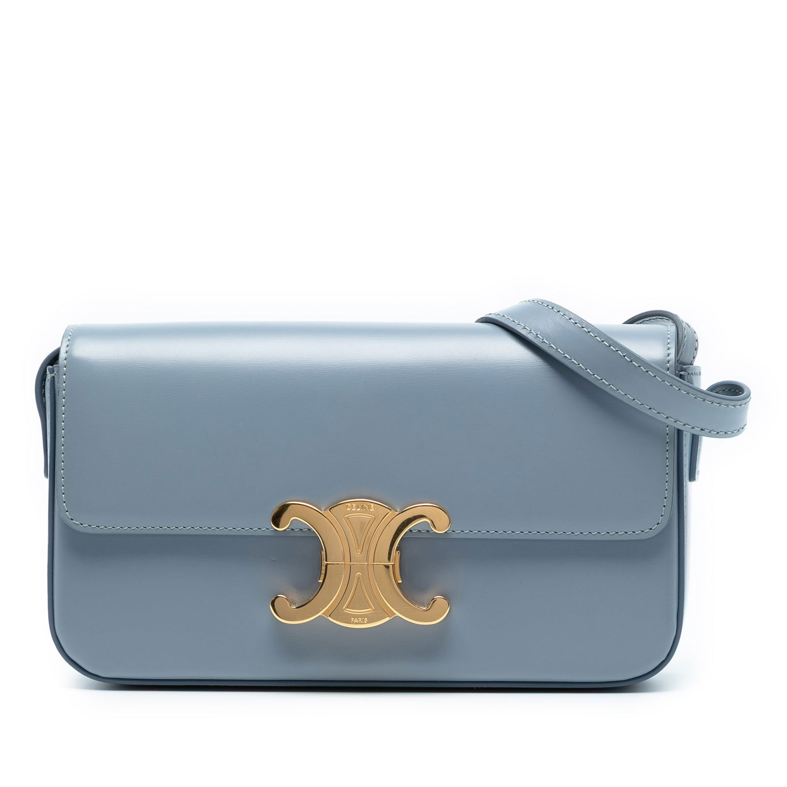 Celine Shiny Calfskin Triomphe Claude Blue Shoulder Bag (1 of 7)