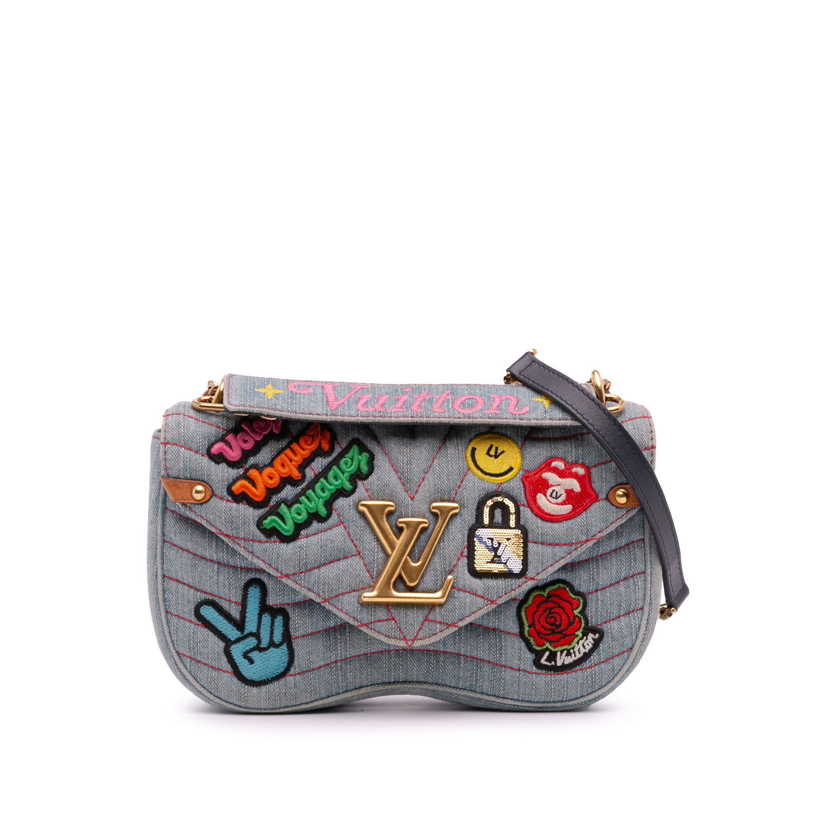 Louis Vuitton Limited Edition Denim Patches New Wave Chain MM Bag: Louis Vuitton Limited Edition Denim Patches New Wave Chain MM Bag Introducing the Limited Edition Denim Patches New Wave Chain MM, a stylish and unique bag by Louis Vuitton. This exquisite piece featu