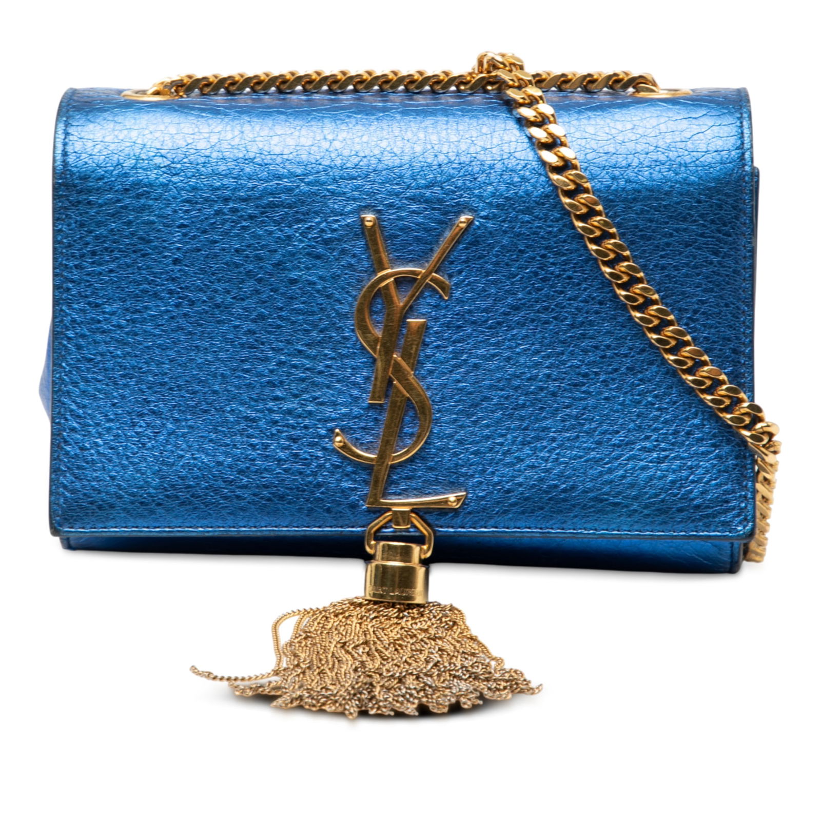 Saint Laurent Kate Small Blue Metallic Leather Crossbody with Tassel: Saint Laurent Kate Small Blue Metallic Leather Crossbody with Tassel This Saint Laurent Small Metallic Calfskin Monogram Kate Tassel Crossbody features a blue leather exterior with a metallic finish,