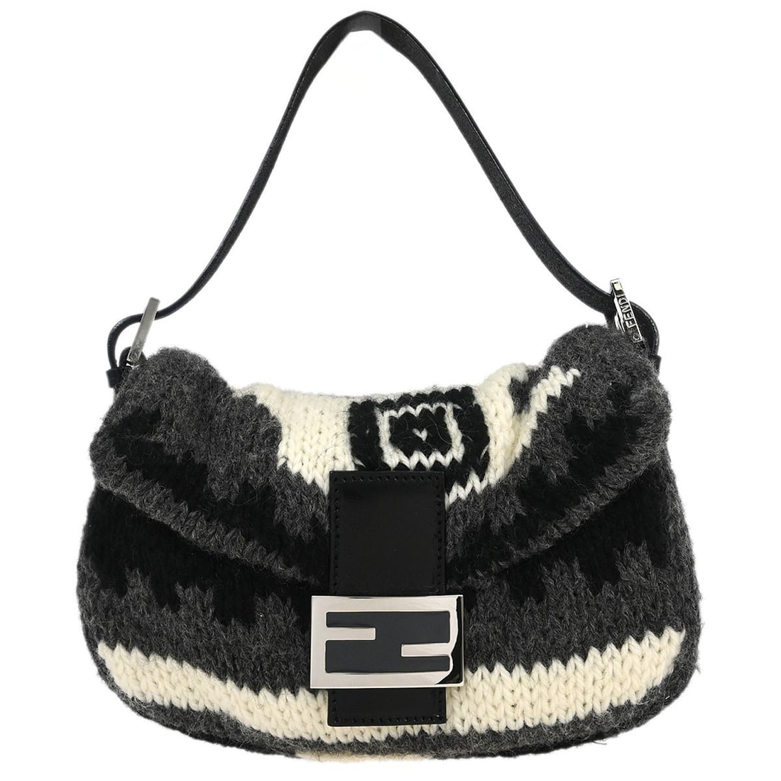 Gray Wool Fendi Baguette Medium Handbag with Adjustable Leather Strap: Gray Wool Fendi Baguette Medium Handbag with Adjustable Leather Strap This Fendi Baguette handbag features a gray wool exterior accented with a logo detail and silver hardware. Designed in a medium si