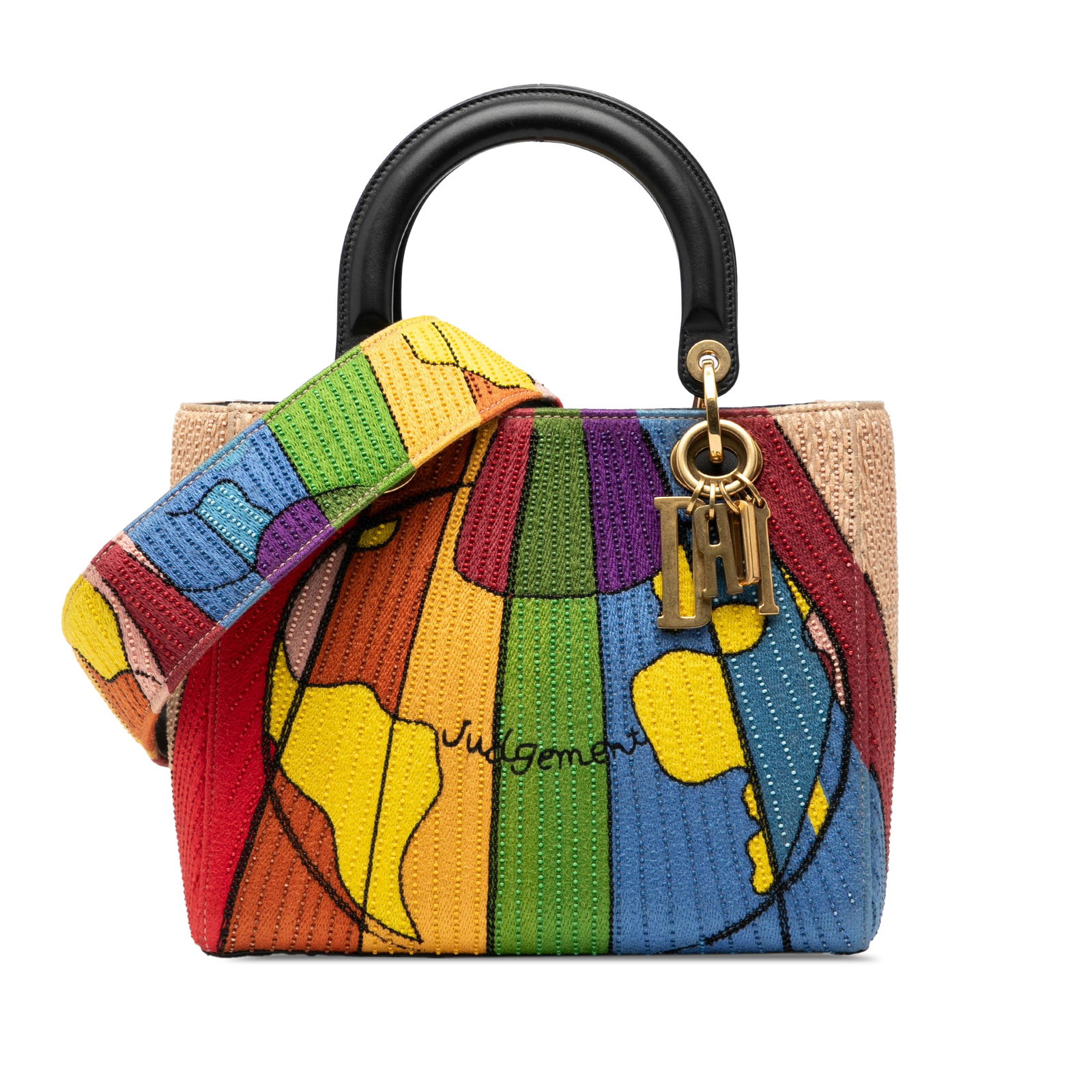 Dior Lady Dior Medium Tarot Judgment Satchel with Beaded Embroidery: Dior Lady Dior Medium Tarot Judgment Satchel with Beaded Embroidery This Medium Lady Dior satchel showcases a beaded and embroidered canvas body with flat leather handles and a detachable beaded and e