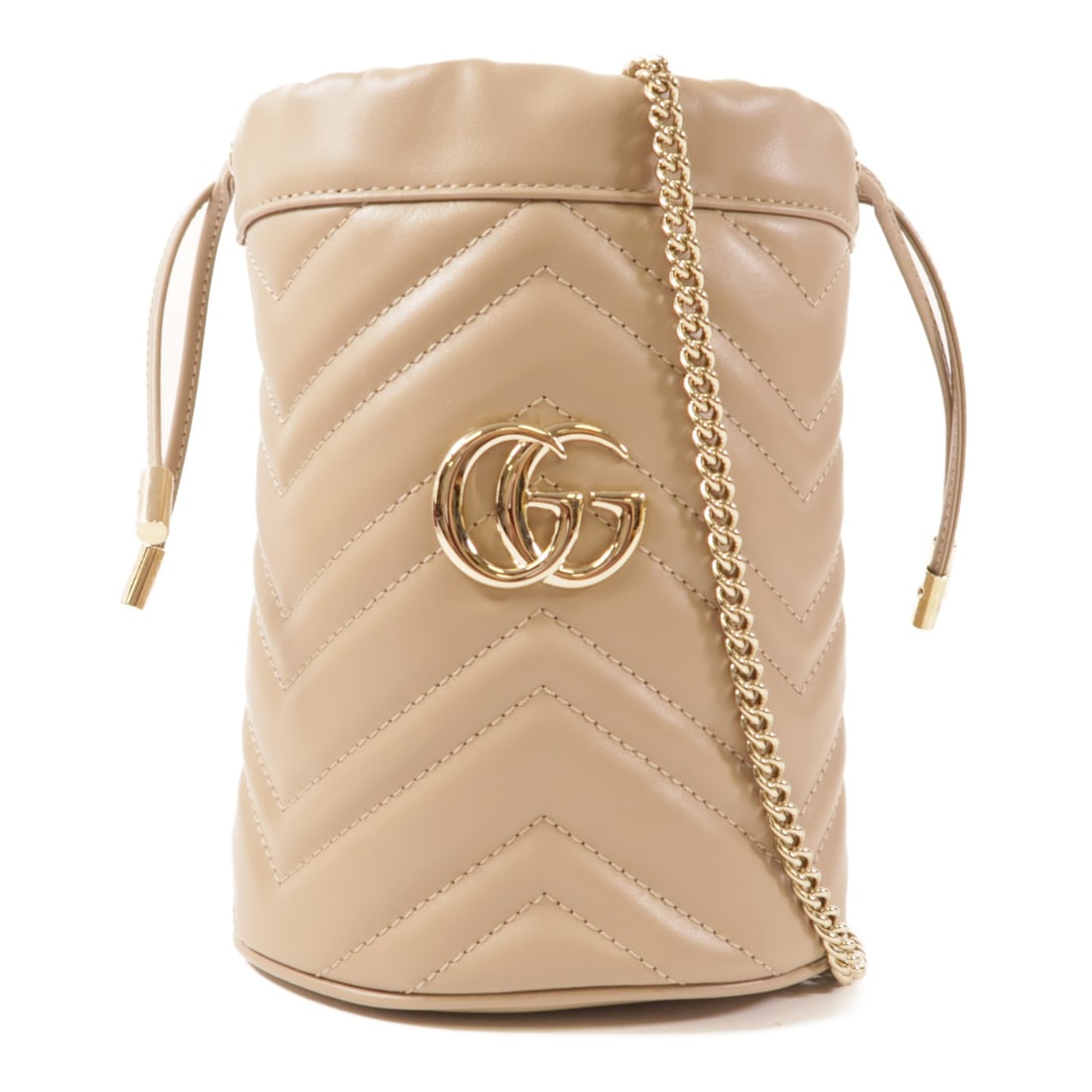 GUCCI GG Marmont Bucket Chain Shoulder Bag Gray Calfskin: GUCCI GG Marmont Bucket Chain Shoulder Bag Gray Calfskin This exquisite Gucci GG Marmont Bucket Chain Shoulder Bag is crafted from premium calfskin leather in a sophisticated gray hue. The bag feature