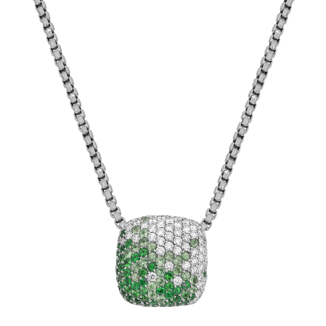 Rachel Koen 18K White Gold Tsavorite Diamond Pendant Necklace 3.78Ctw 18.5in: Rachel Koen 18K White Gold Tsavorite Diamond Pendant Necklace 3.78Ctw 18.5in This stunning pendant necklace by Rachel Koen features a beautifully crafted square pendant, adorned with round brilliant c