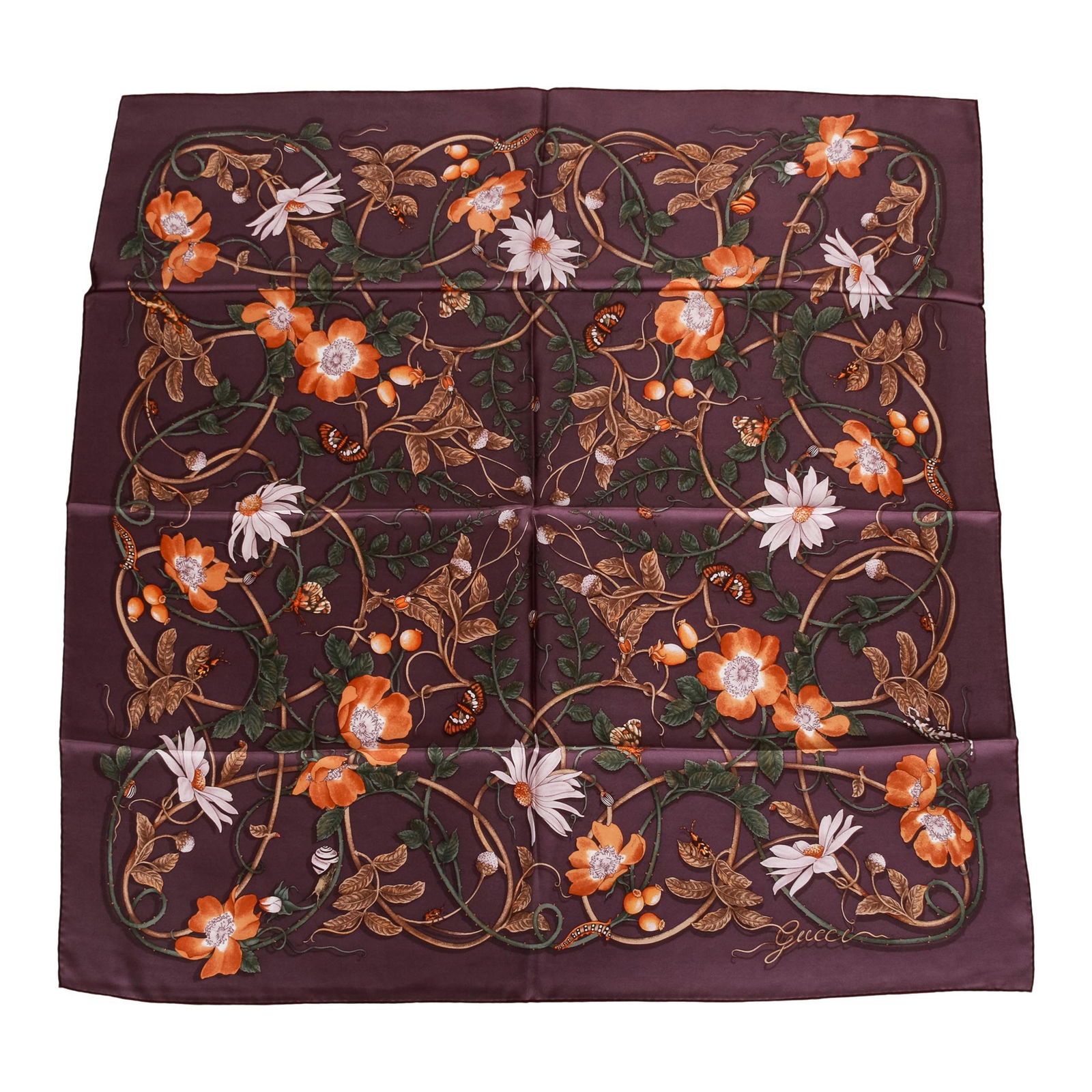 Gucci 100% Silk Purple Floral Scarf 35 x 35 Italy (1 of 4)