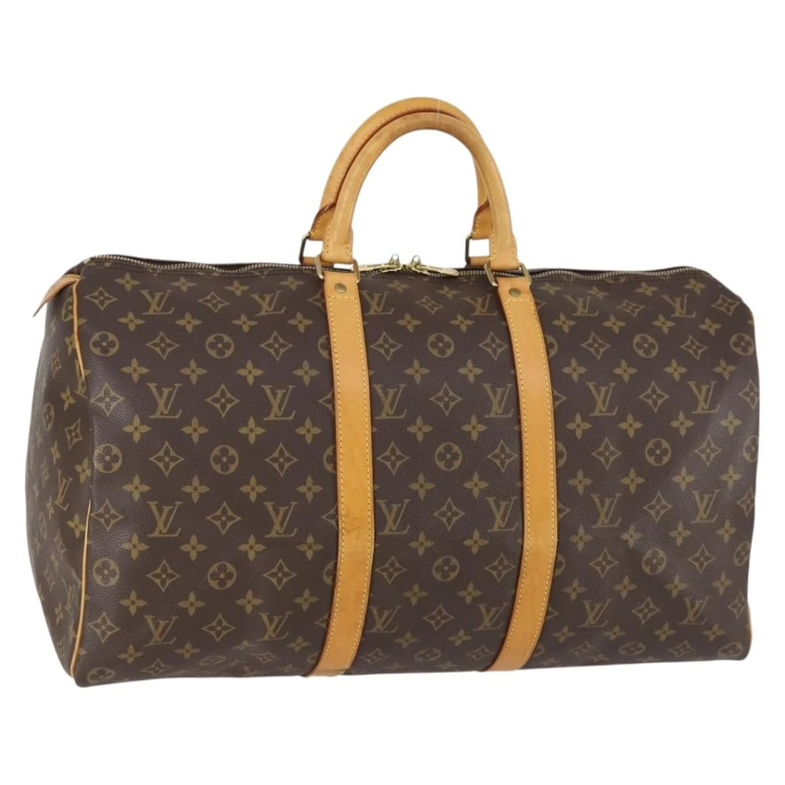 Keepall 50 Travel Bag by Louis Vuitton in Brown: Keepall 50 Travel Bag by Louis Vuitton in Brown This pre-owned Louis Vuitton Keepall 50 Boston travel bag features a brown exterior and is designed for women. It shows signs of use, including surface