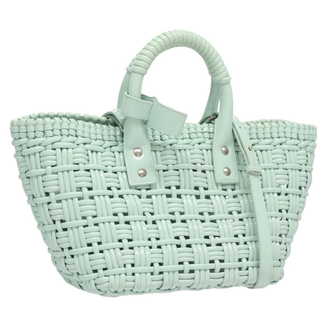 Green and Silver Bistro Panier Tote by Balenciaga: Green and Silver Bistro Panier Tote by Balenciaga This is a Balenciaga Bistro Panier tote bag in green with silver-tone accents. The bag is in good condition. Specifications Brand: Balenciaga Item typ