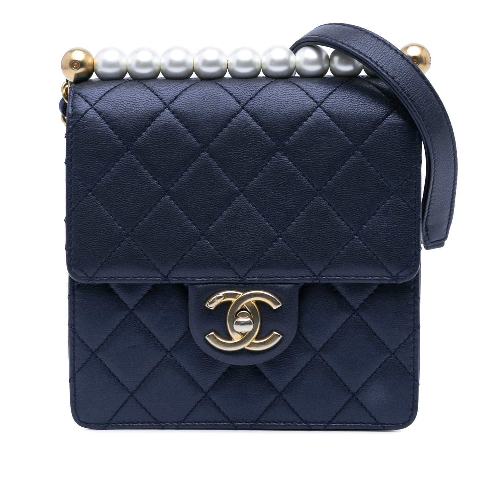 Chanel Small Lambskin Chic Pearls Flap Blue Crossbody Bag: Chanel Small Lambskin Chic Pearls Flap Blue Crossbody Bag This elegant Chanel Small Lambskin Chic Pearls Flap crossbody bag is crafted from quilted lambskin leather and features exquisite faux pearl d