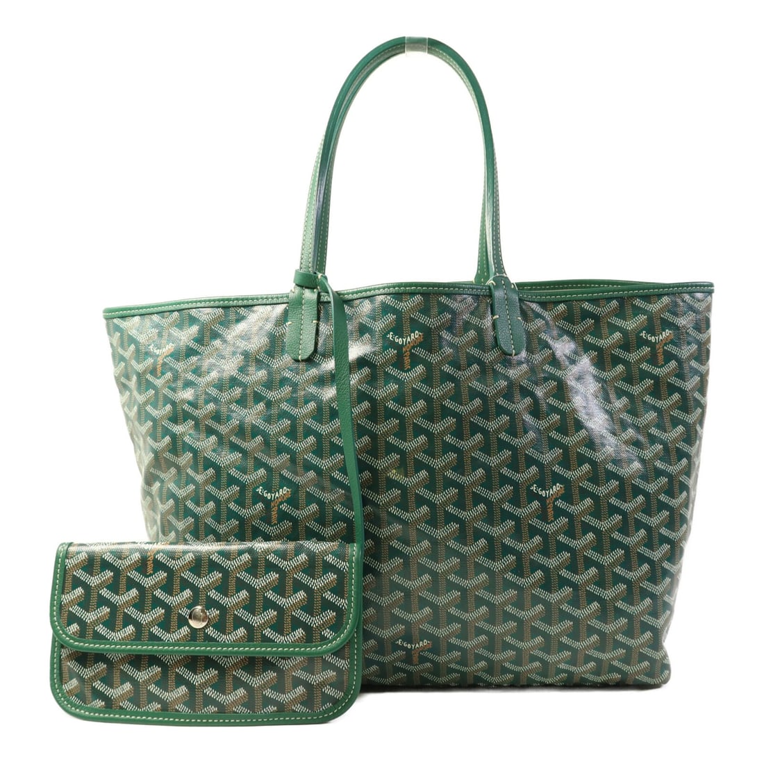 Goyard Saint Louis PM Green Coated Canvas Tote Handbag: Goyard Saint Louis PM Green Coated Canvas Tote Handbag This Goyard Saint Louis PM tote bag features a green PVC coated canvas exterior. Designed in a regular size, the tote is crafted in France and of