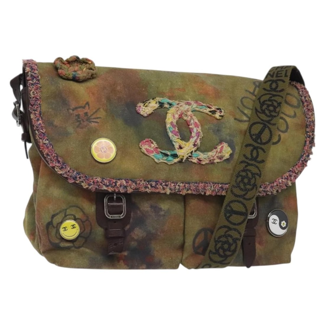 CHANEL Khaki Canvas Graffiti Shoulder Bag with Dust Bag Auth 121519SV: CHANEL Khaki Canvas Graffiti Shoulder Bag with Dust Bag Auth 121519SV This stylish CHANEL Embroidery Graffiti Shoulder Bag showcases a unique khaki canvas exterior, elegantly blending fashion and func