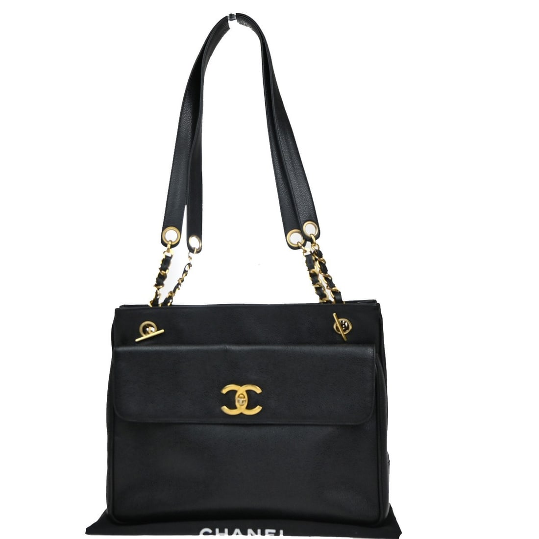 Chanel Black Vintage Shoulder Purse with Front Pocket (1 of 1)