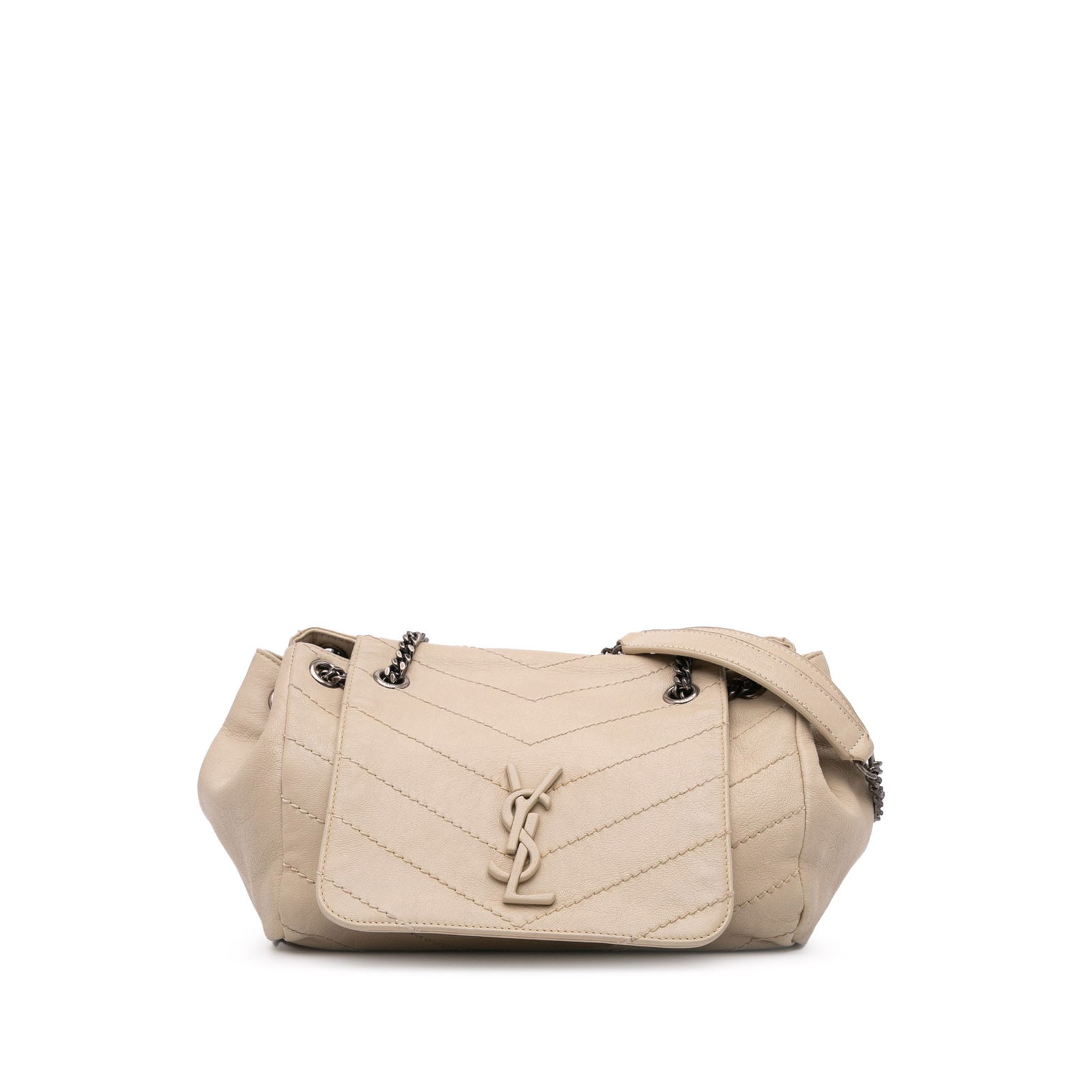 Brown Lambskin Quilted Nolita Shoulder Bag by Saint Laurent Small Size: Brown Lambskin Quilted Nolita Shoulder Bag by Saint Laurent Small Size This Saint Laurent Small Chevron Lambskin Monogram Nolita Shoulder Bag features a quilted lambskin leather body with a chevron pa