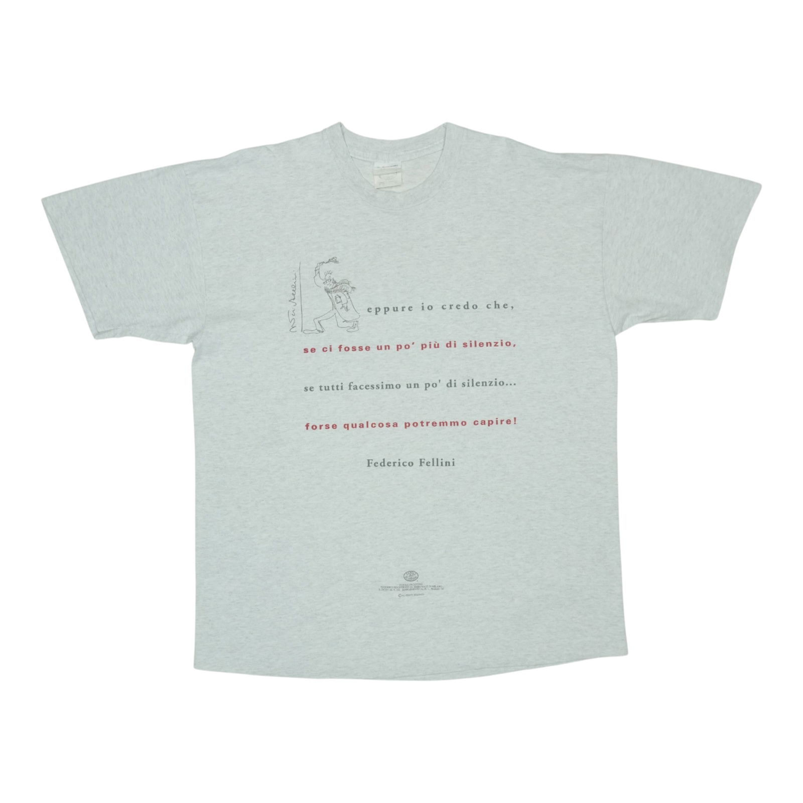 Vintage 1990s Frederico Fellini Graphic Shirt Grey Cotton: Vintage 1990s Frederico Fellini Graphic Shirt Grey Cotton Discover a unique piece of fashion history with this original vintage 1990s Frederico Fellini shirt. This true vintage item features striking