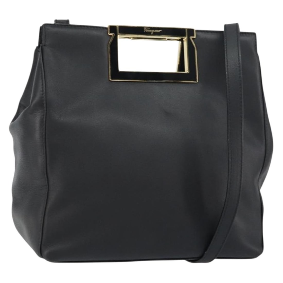 Black Leather Gancini 2way Handbag with Gold Hardware by Salvatore Ferragamo: Black Leather Gancini 2way Handbag with Gold Hardware by Salvatore Ferragamo This Salvatore Ferragamo Gancini handbag is crafted in black leather and features gold-tone accents. Designed for versatile
