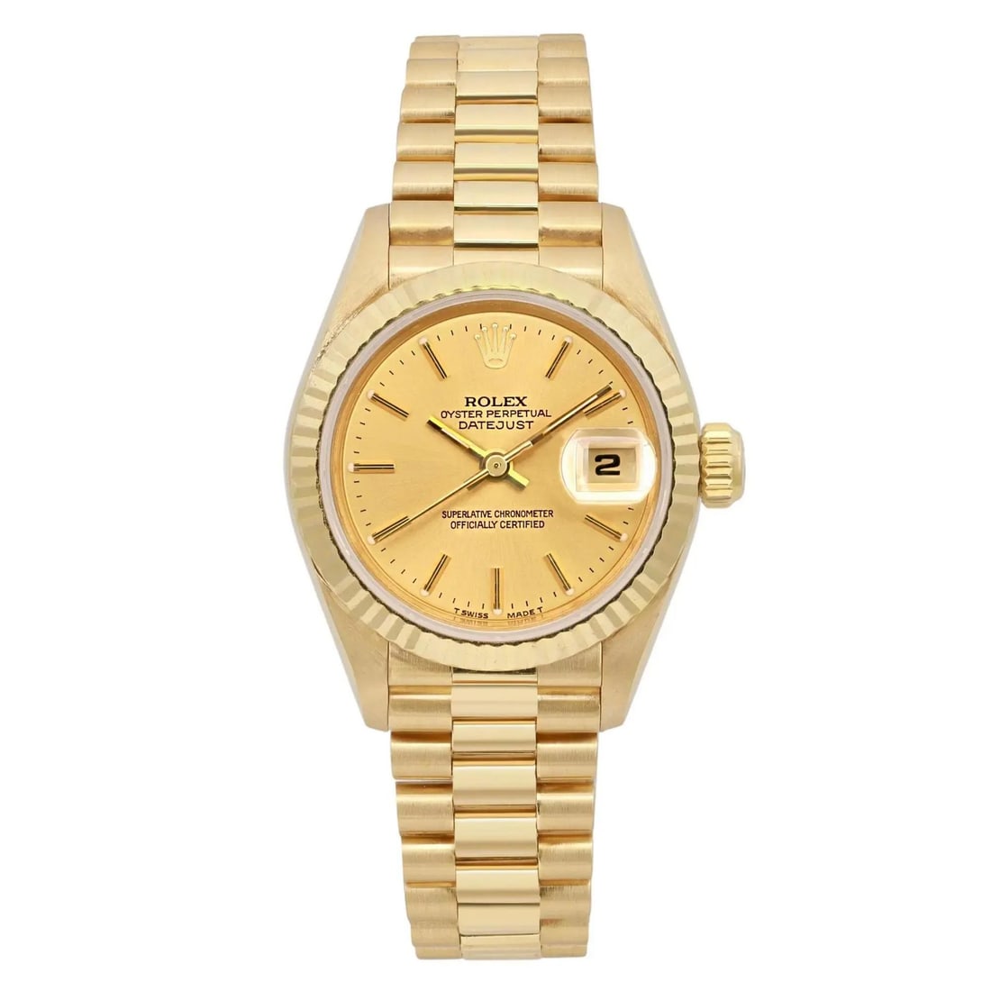 Rolex President 69178 26mm 18K Yellow Gold Champagne Dial Luxury Watch: Rolex President 69178 26mm 18K Yellow Gold Champagne Dial Luxury Watch Introducing the Rolex President Datejust, a luxurious wristwatch crafted in 18K yellow gold with a stunning champagne sunburst di