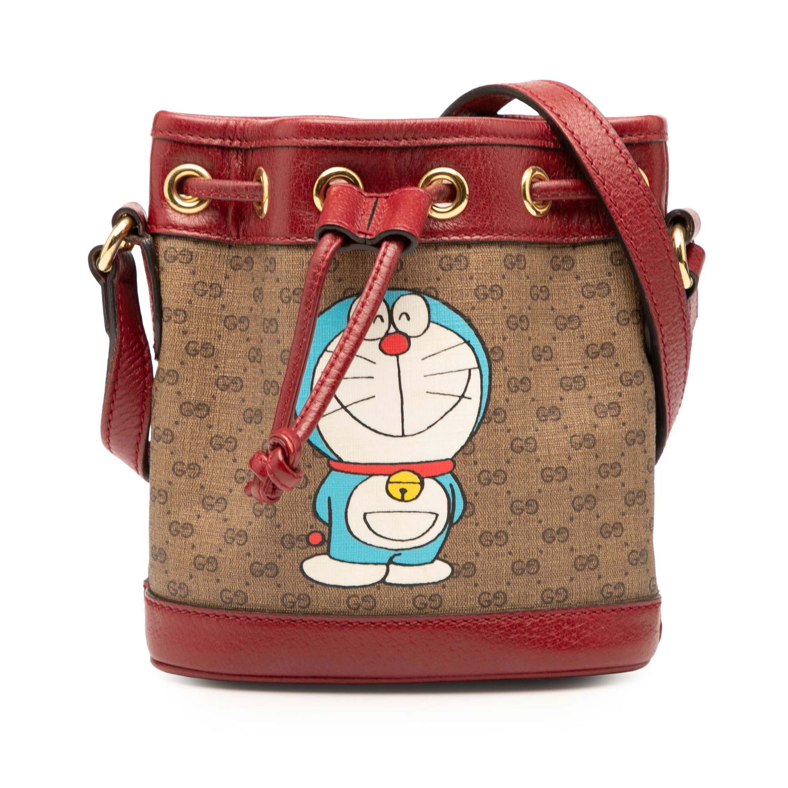 Gucci Micro GG Supreme Doraemon Bucket Bag Brown Fabric: Gucci Micro GG Supreme Doraemon Bucket Bag Brown Fabric Introducing the Gucci Micro GG Supreme Doraemon Bucket Bag, a stylish addition to your accessory collection. This exquisite bucket bag showcases