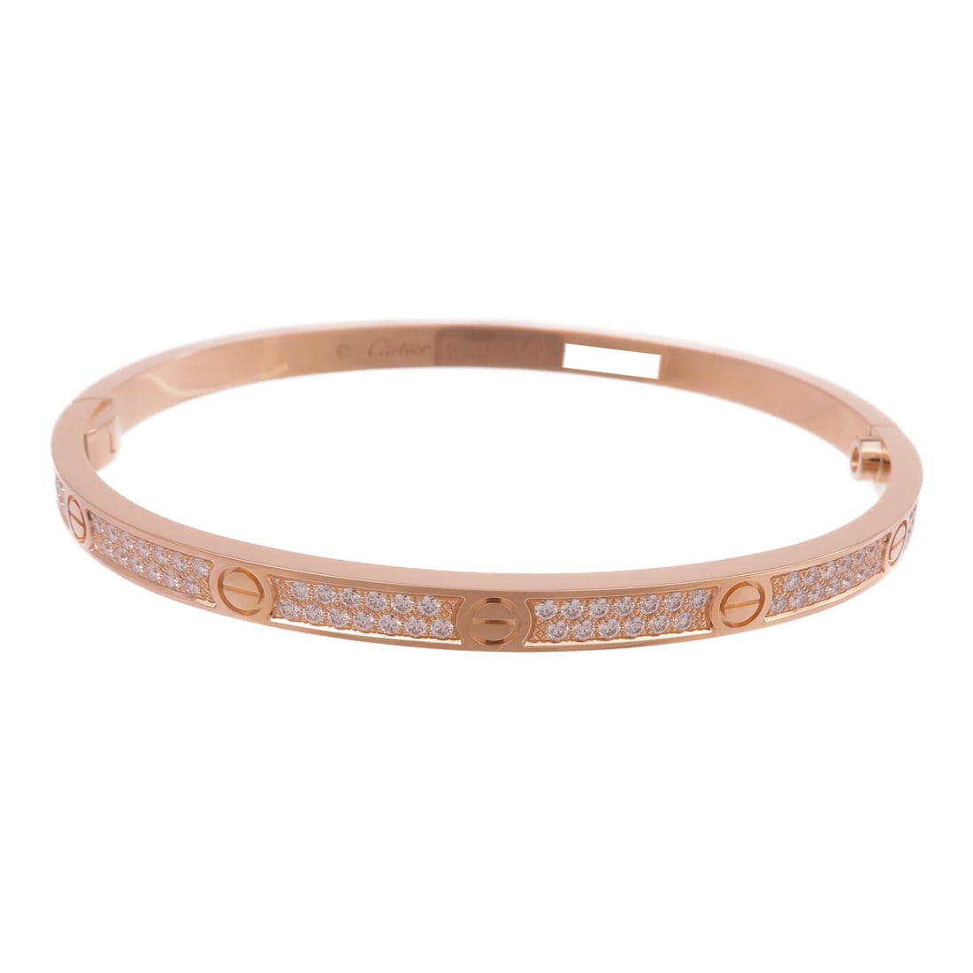 Small 18K Rose Gold Cartier Love Bracelet with Full Diamond Setting Size 16: Small 18K Rose Gold Cartier Love Bracelet with Full Diamond Setting Size 16 This is a Cartier Love Bracelet Small Model crafted in 18K pink (rose) gold and set with full pave diamonds. The bracelet fe